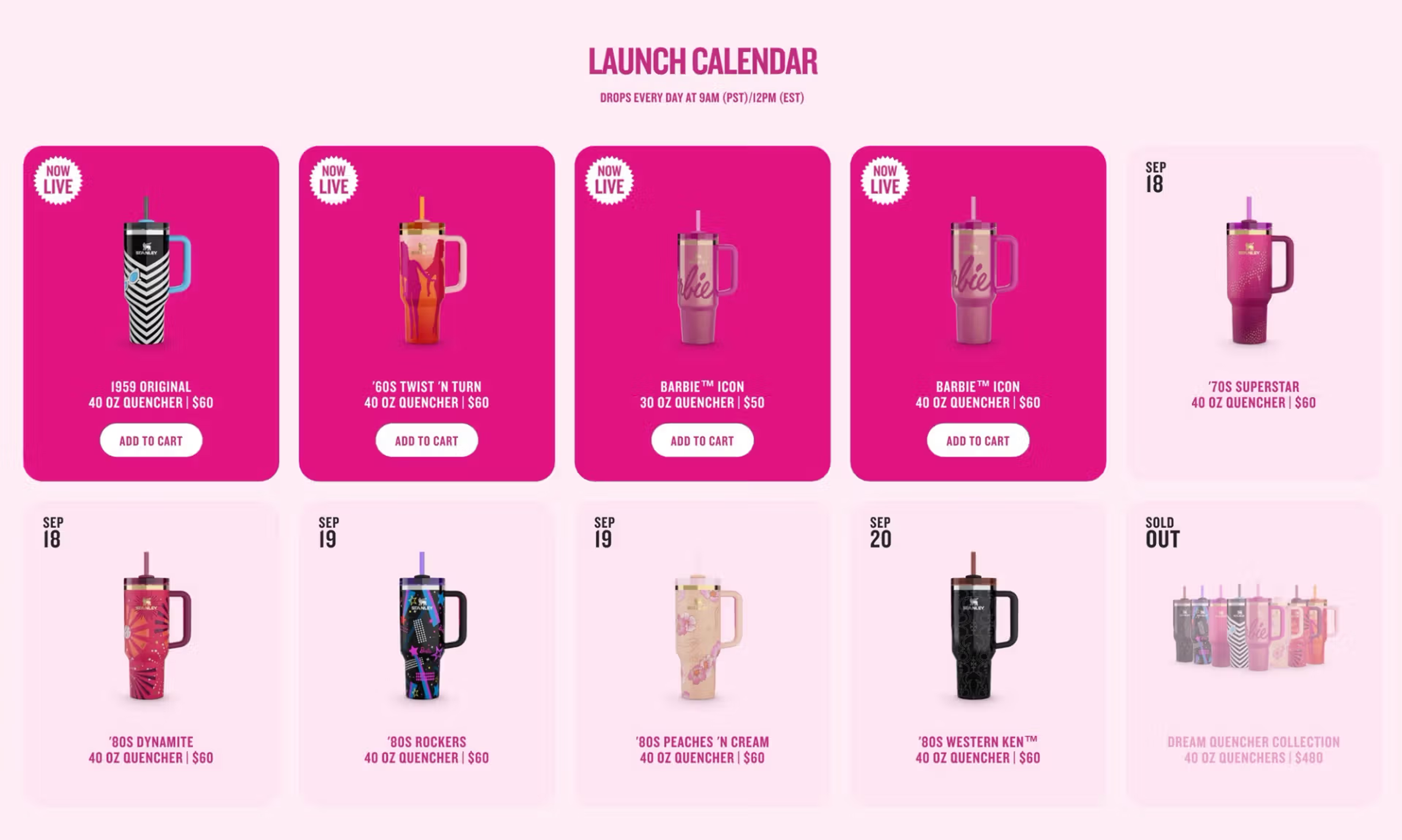 Stanley launch calendar for the limited Barbie collection, with a release date for each tumbler and a sold out label