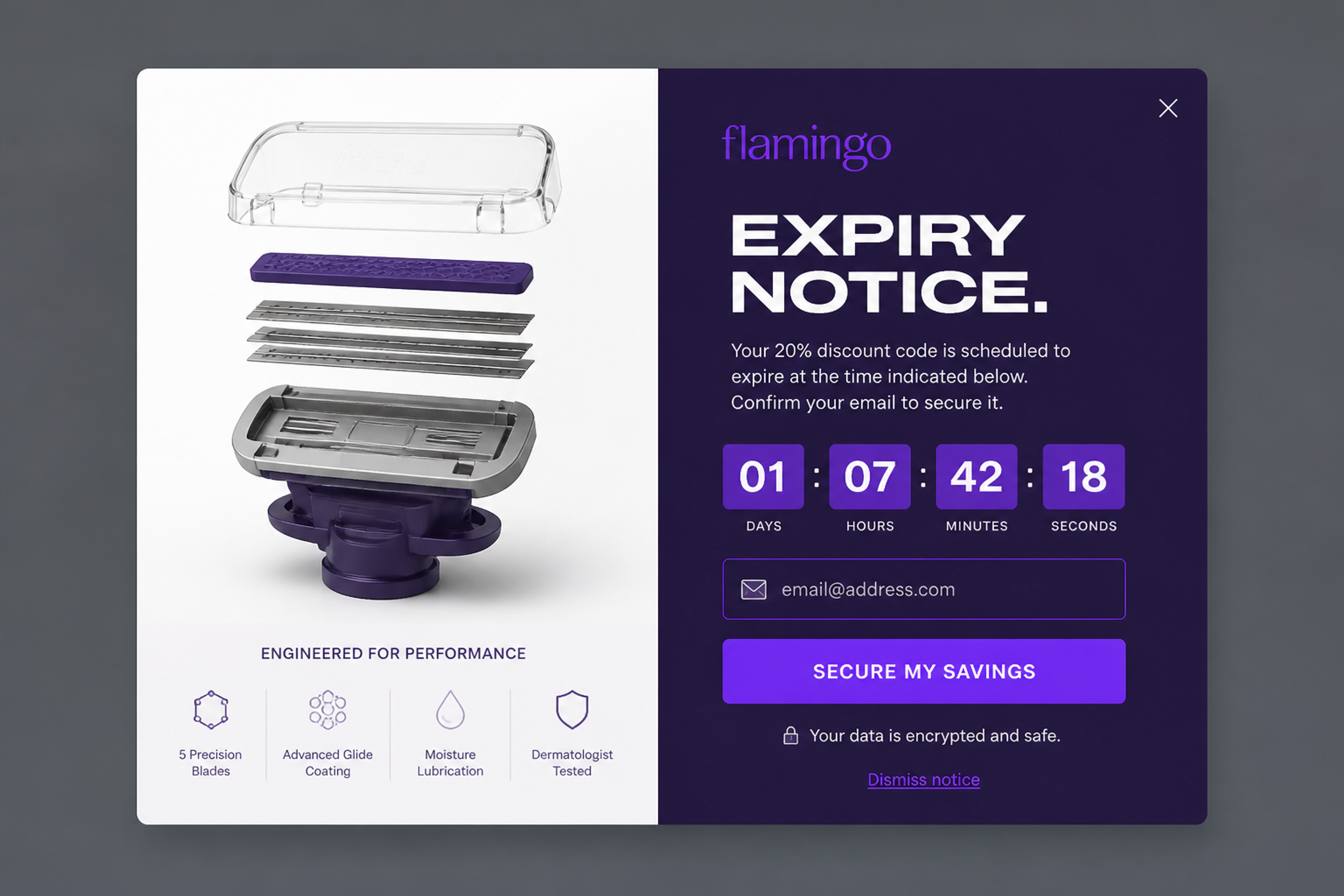 Countdown timer popup designed for Flamingo: "Expiry notice." 20% discount code with a days-to-seconds timer and "Secure my savings"