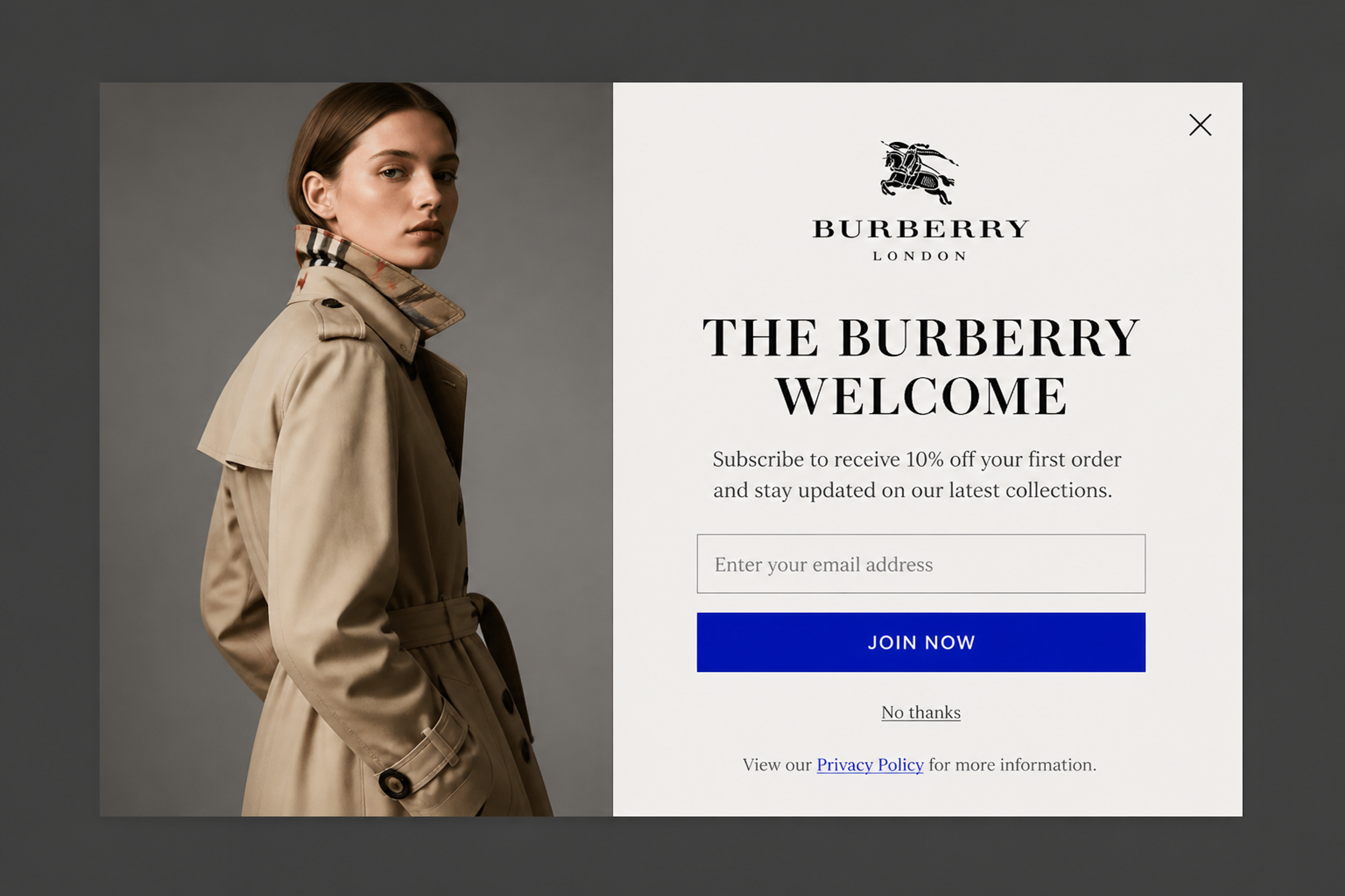 Luxury welcome popup in an editorial card layout with the headline "The Burberry welcome"