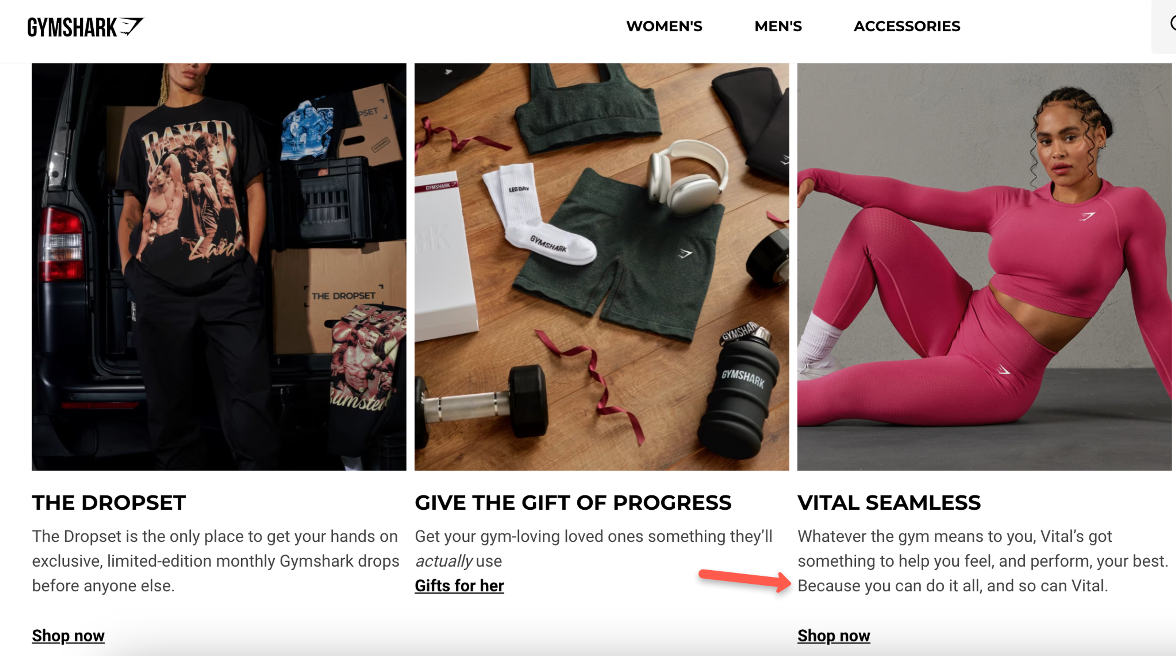 Gymshark website example using words that sell