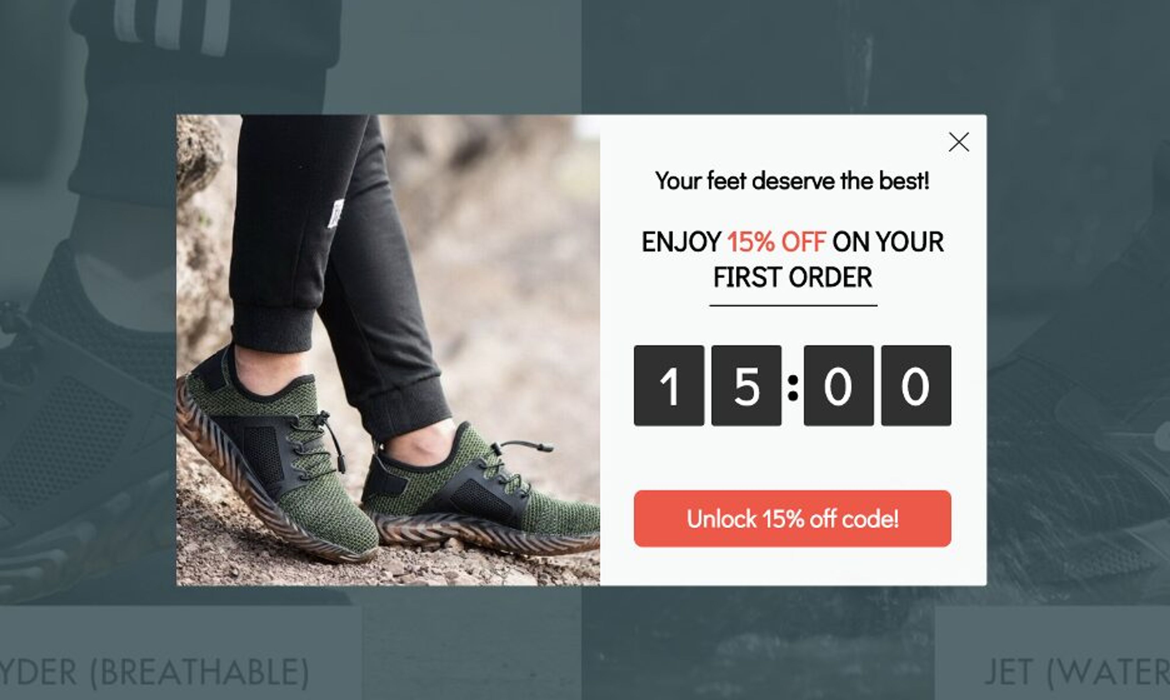 Idesctructible shoes promotes email signups by offering 15% off.