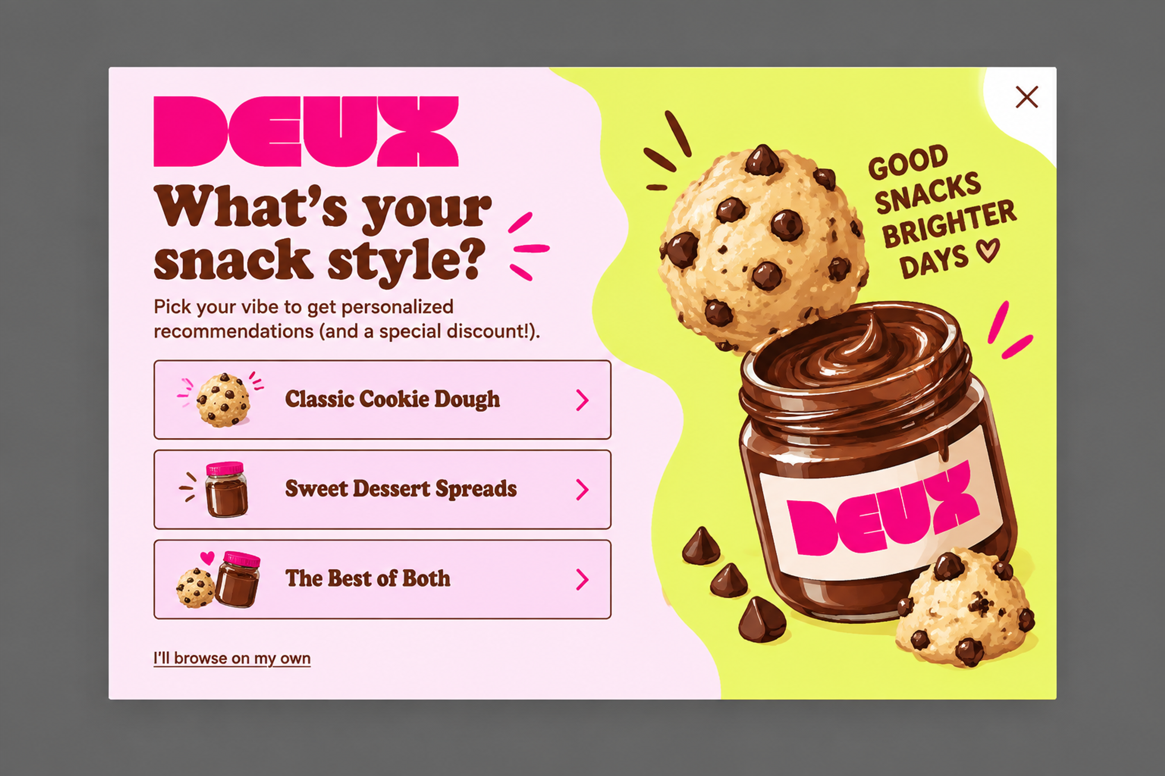 Quiz popup asking "What's your snack style?" with three answer cards