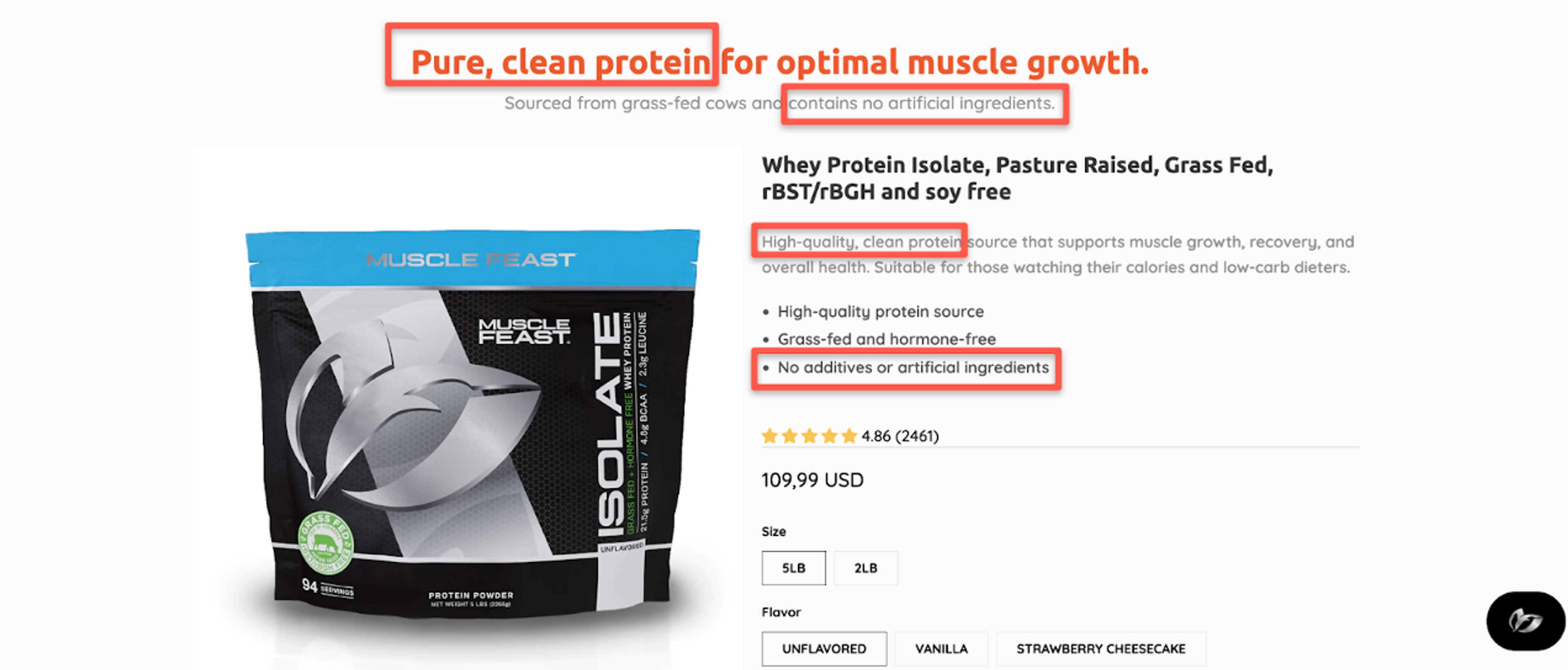 Muscle Feast product page highlighting USP