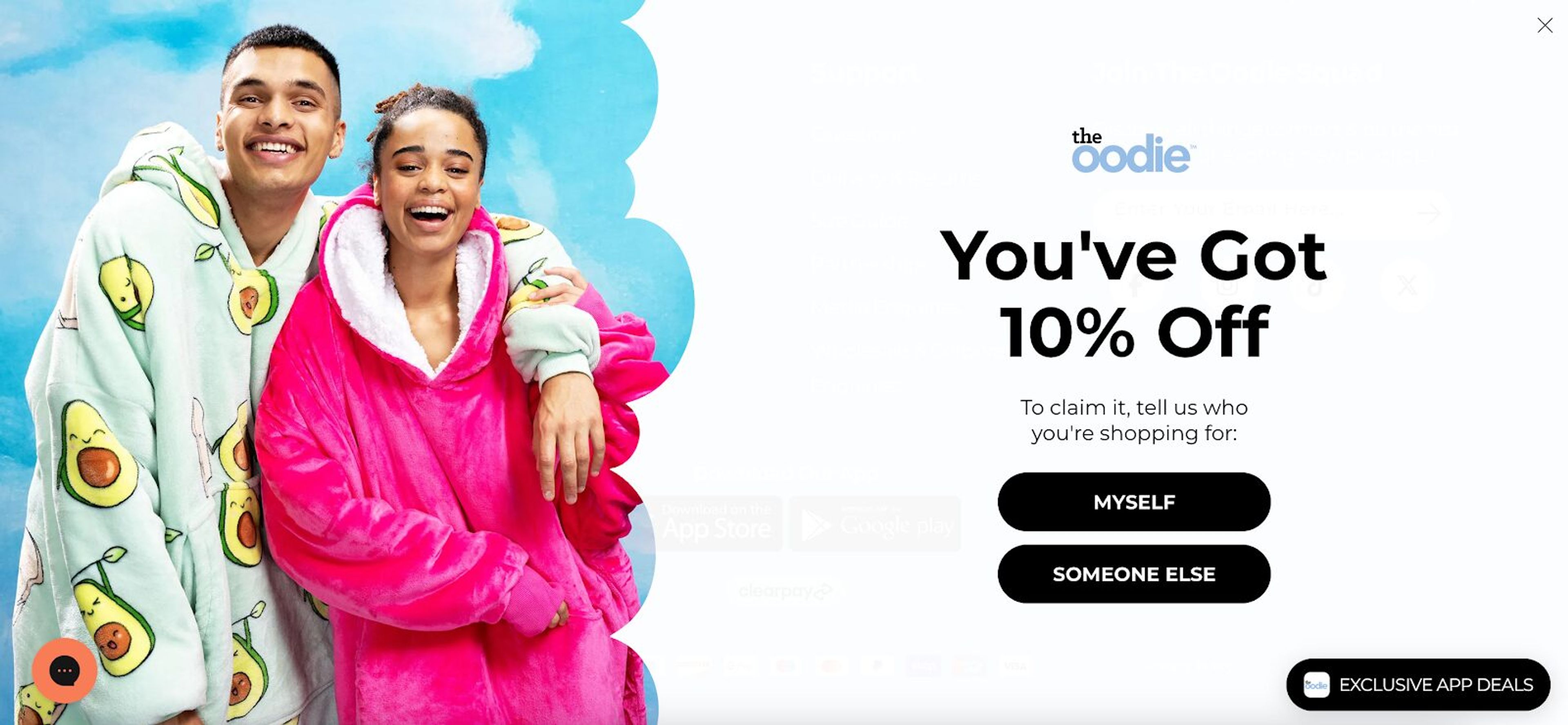 The Oodie's two-step quiz form offers personalized recommendations and 10% off, capturing leads while segmenting the audience.