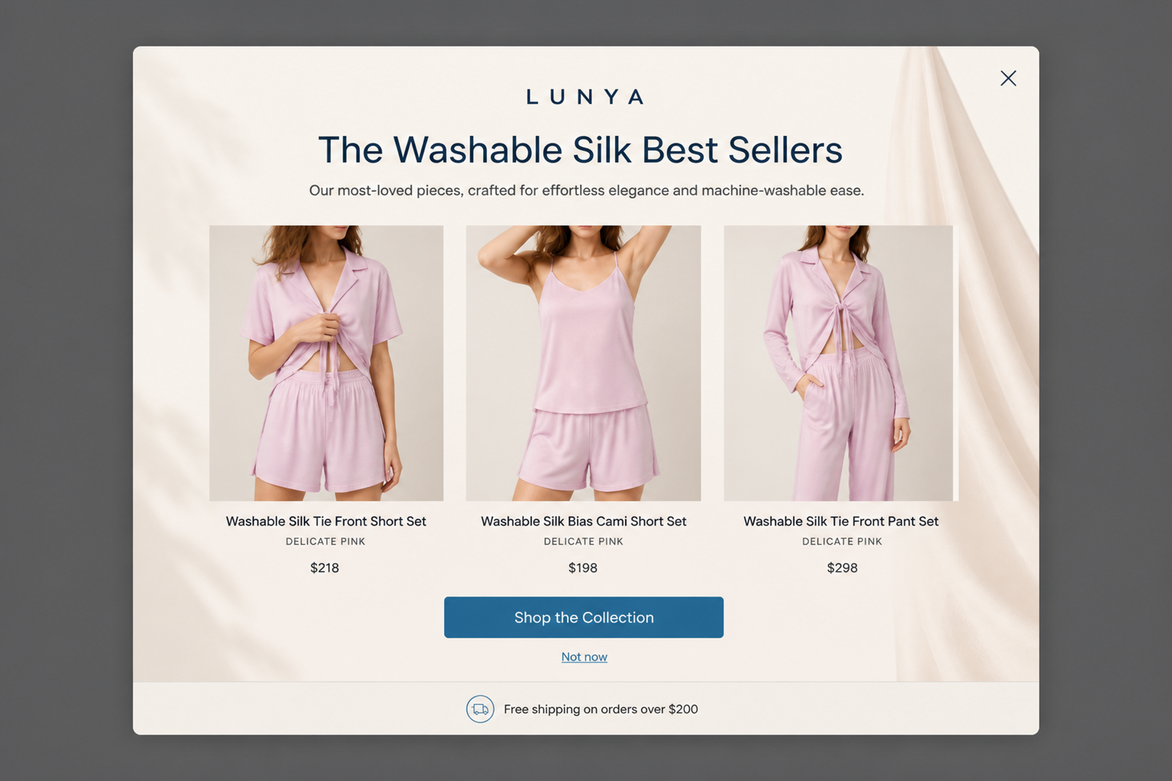 Popup showing three washable silk sets as best sellers with a Shop the Collection button