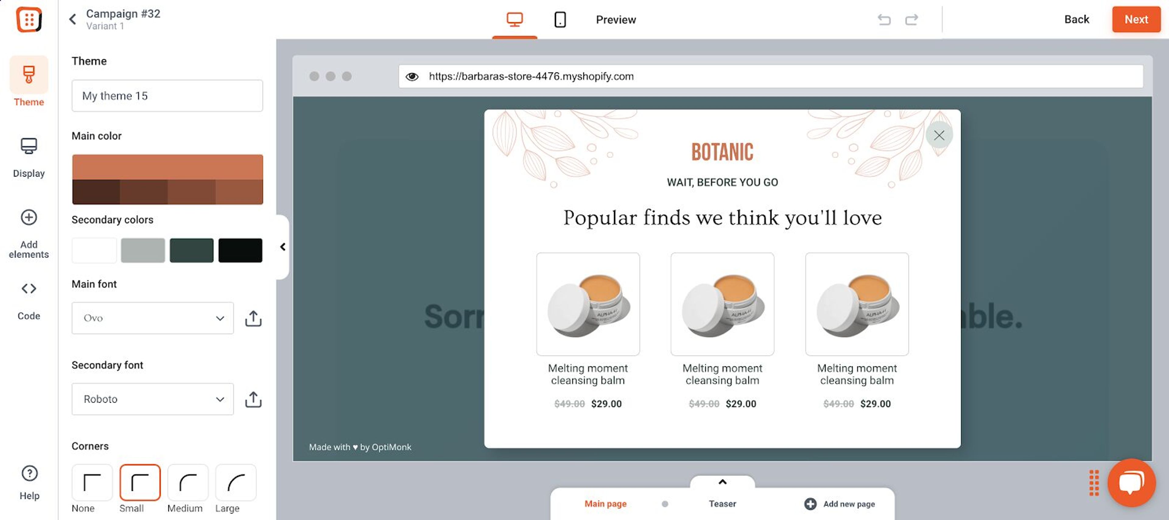 Increase sales with upsell popups by creating upsell popups in OptiMonk's drag and drop editor.
