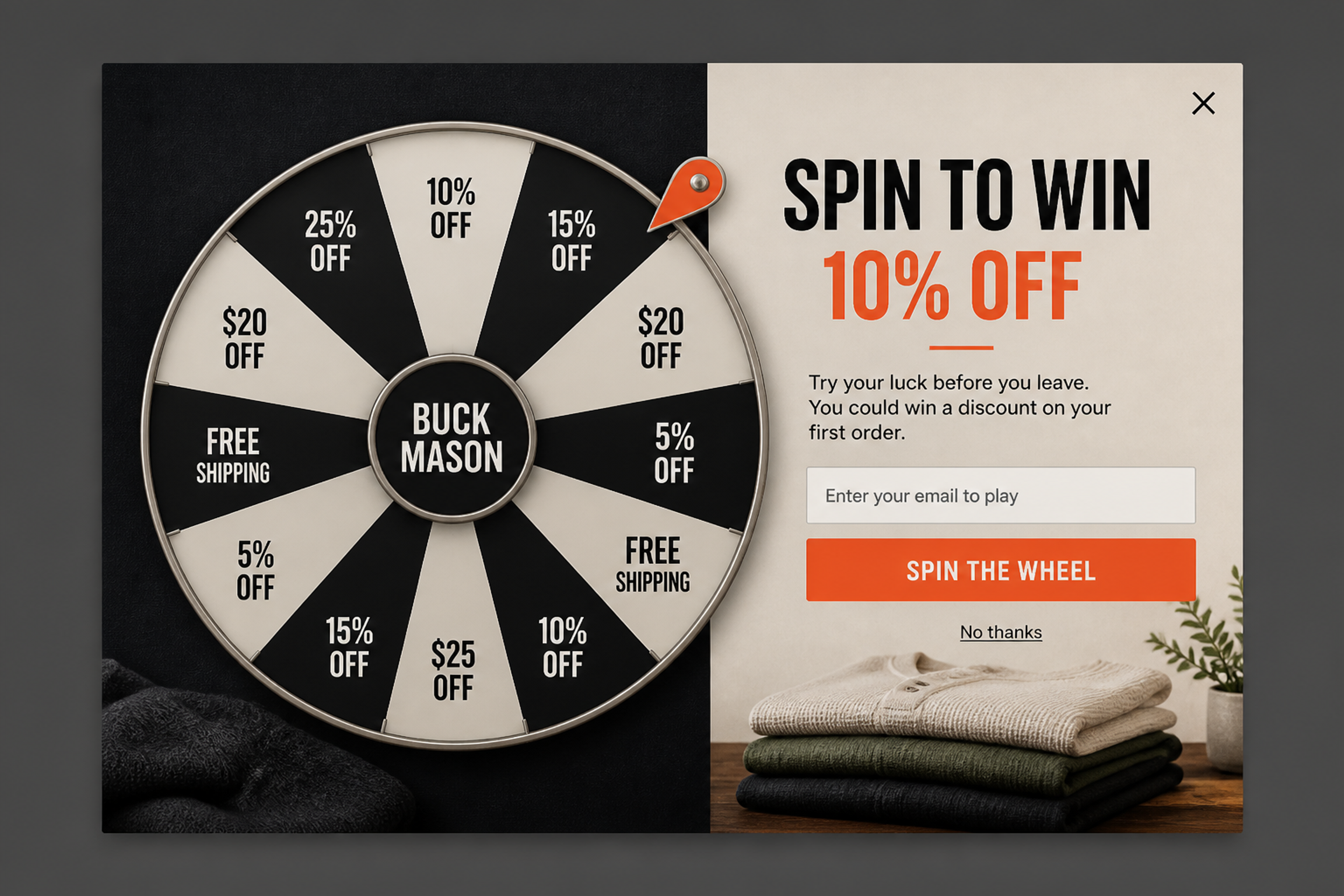Exit-intent spin-to-win popup with the headline "Spin to win 10% off" and a dark and stone-colored wheel