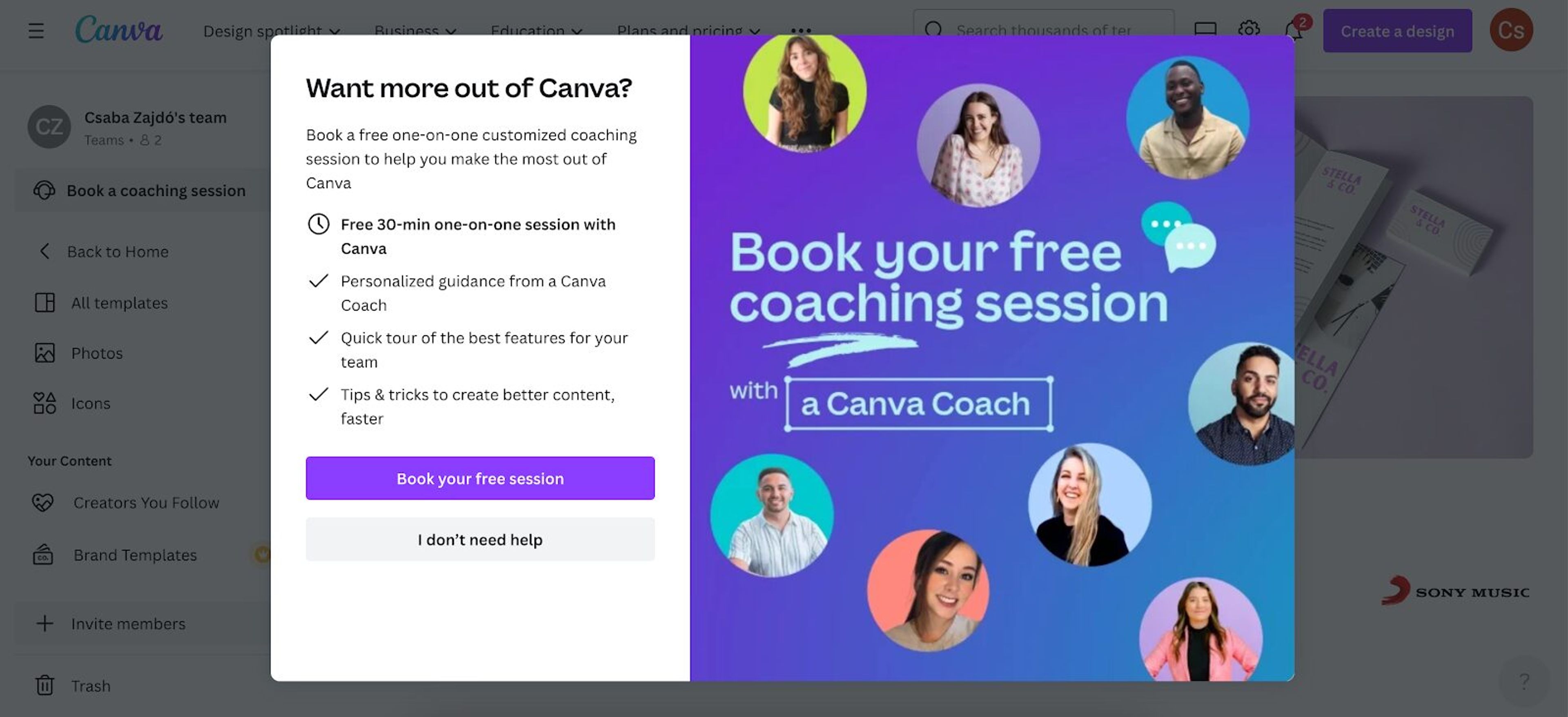 Canva is a great example on how to engage site visitors by providing regular support by you are visiting their drag and drop editor.