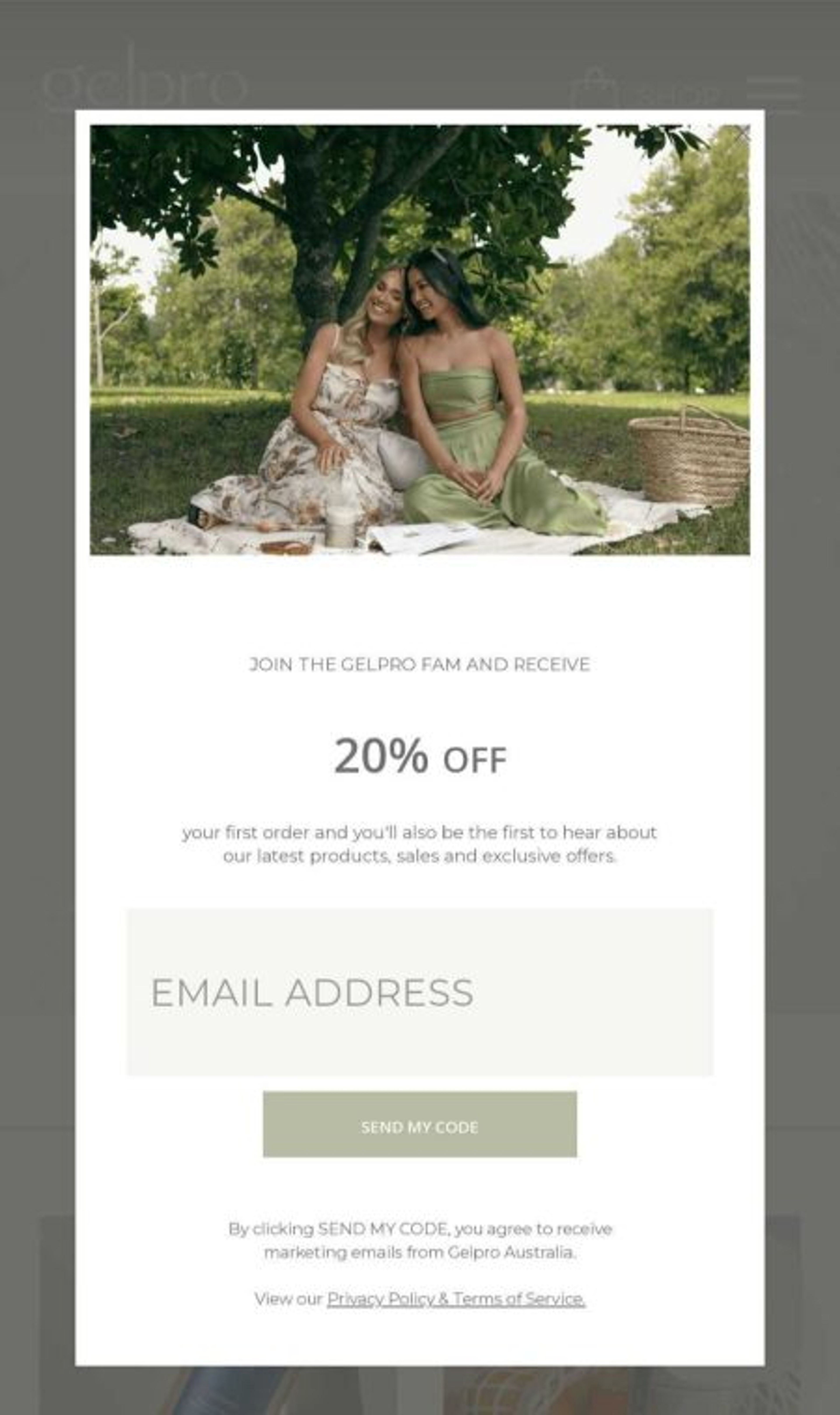 Gelpro Australias mobile popup having plenty of space for website visitors to opt in