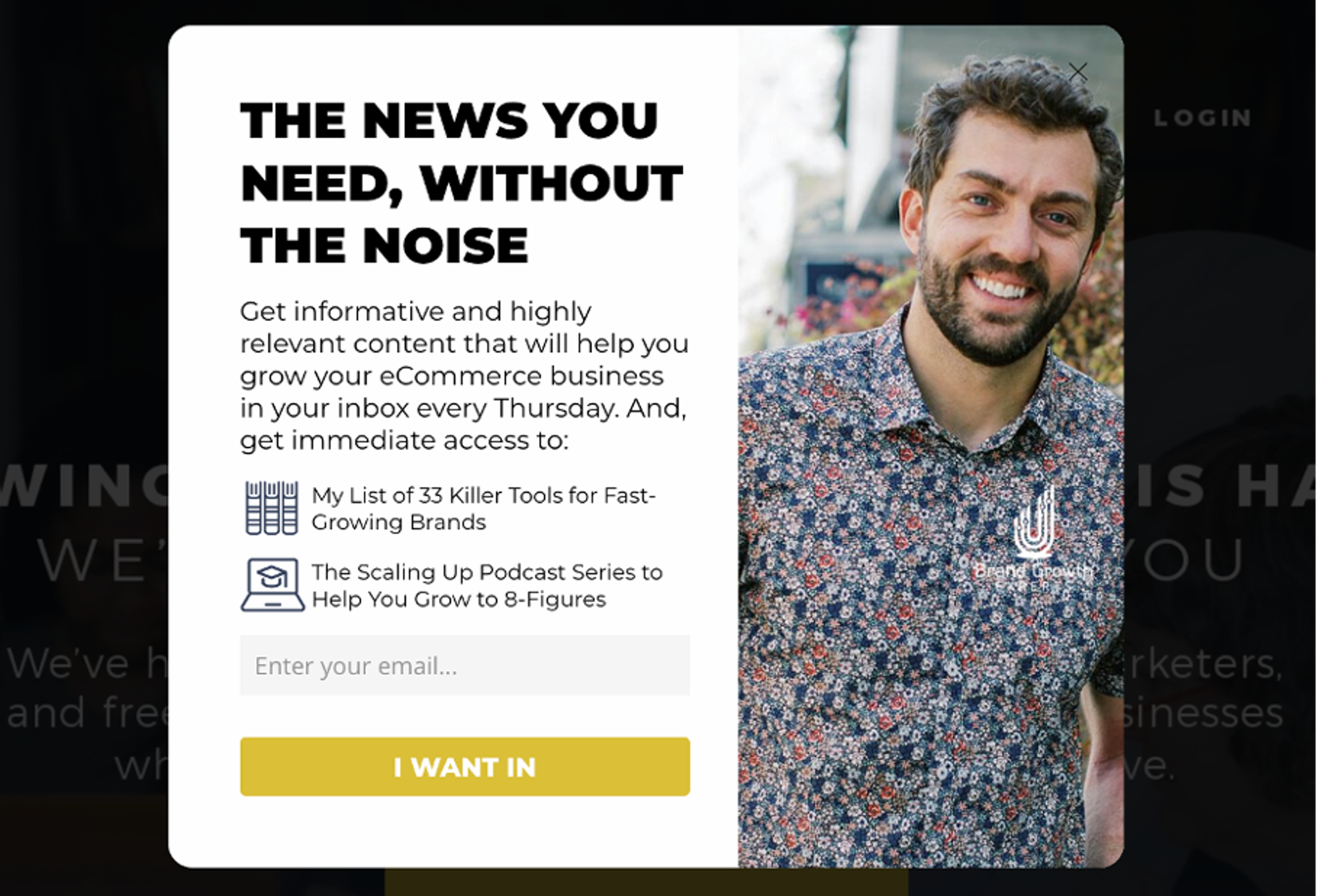 Ecommerce Influence's newsletter lead capture popup: A lead generation popup example offering two free ebooks as a lead magnet for first-time visitors and opt-ins to capture more leads.