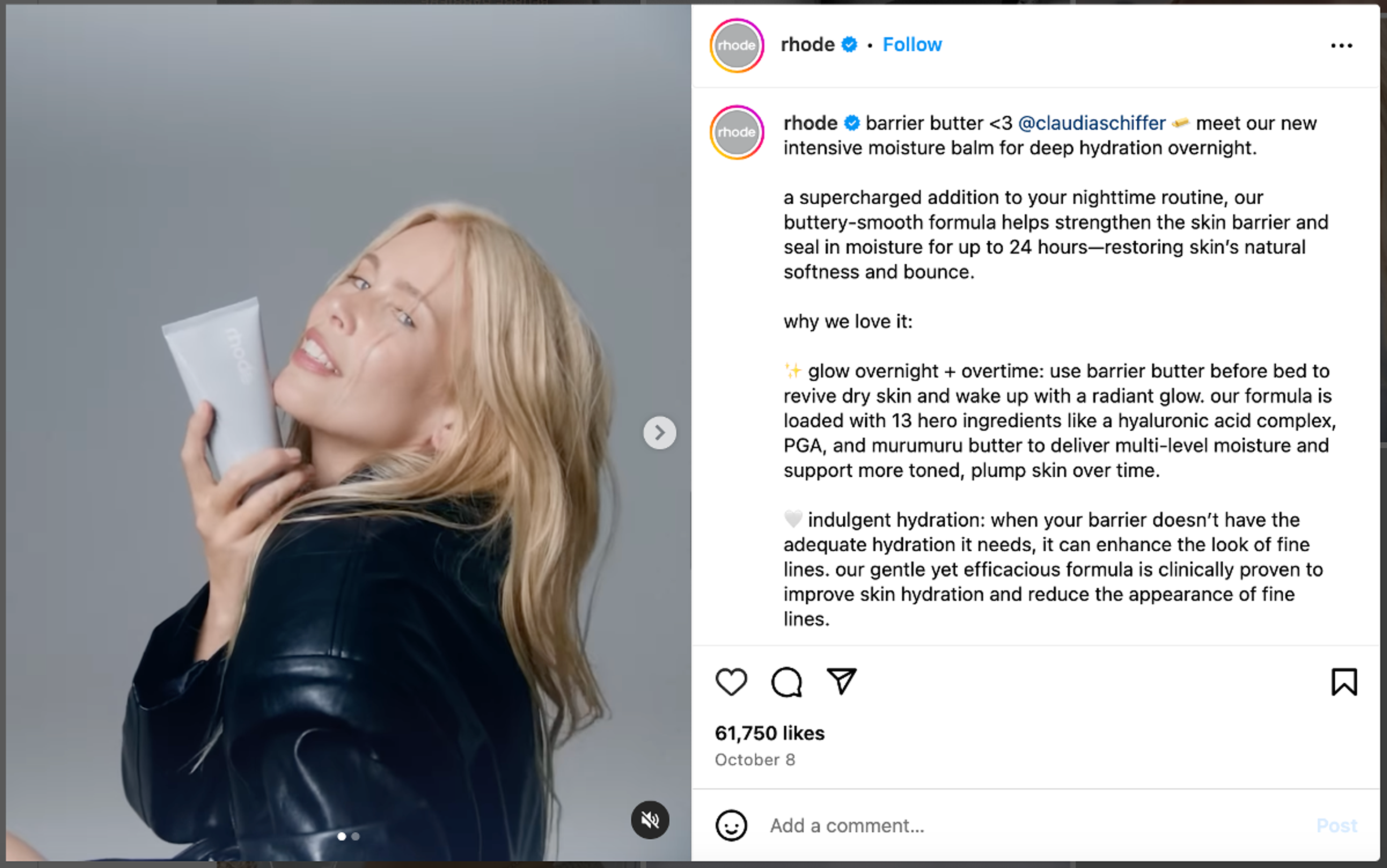 Rhode Barrier Butter collaboration promo on Instagram