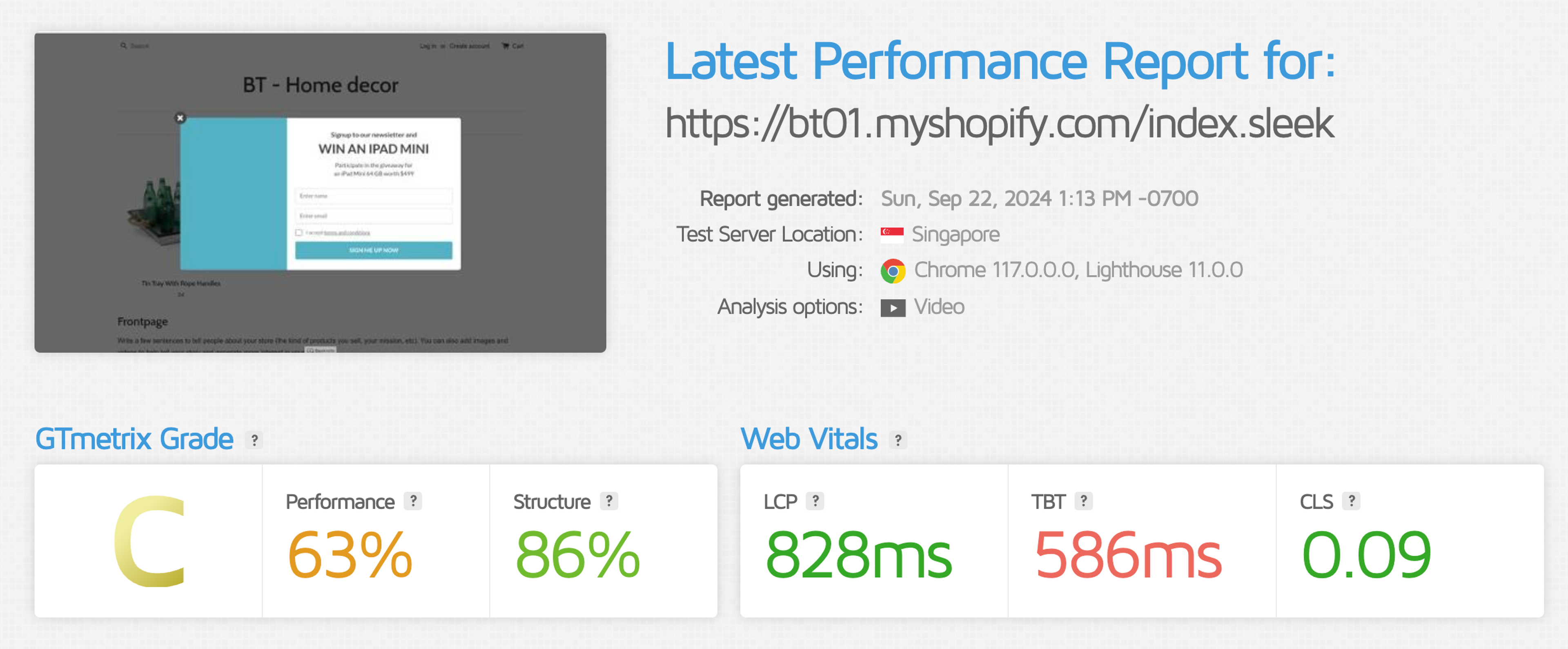 Sleeknote GTMetrix page speed results