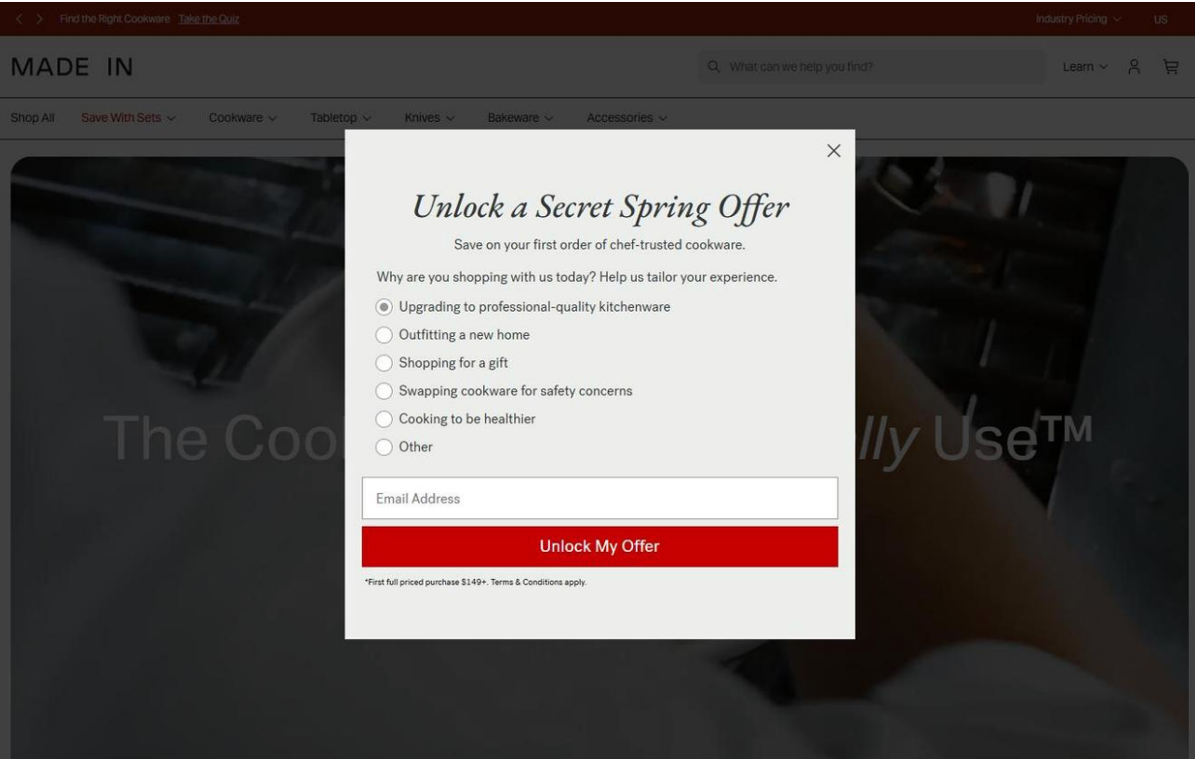 Popup on the Made In website