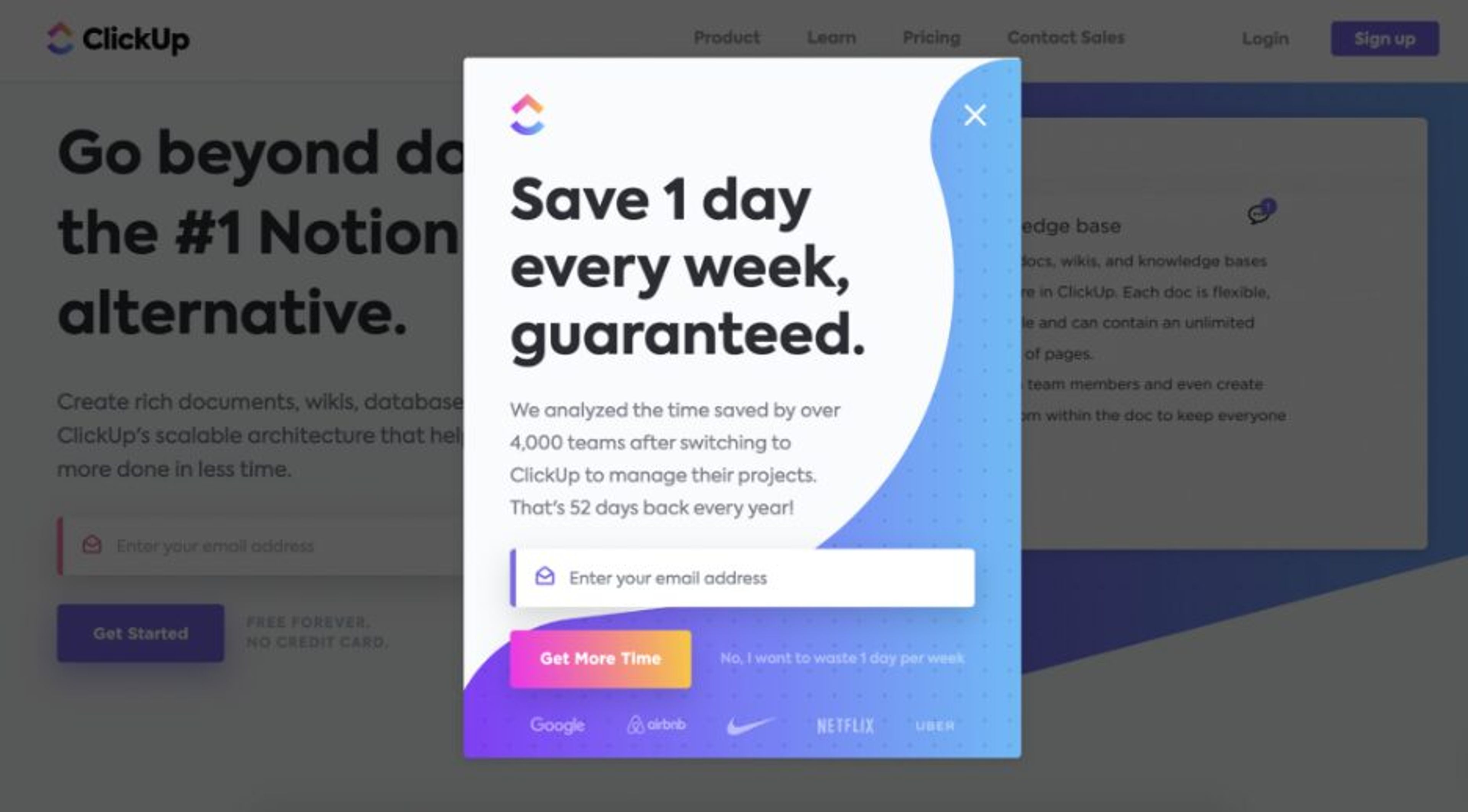 Click Up's example shows us that how a popup can echo your brands voice