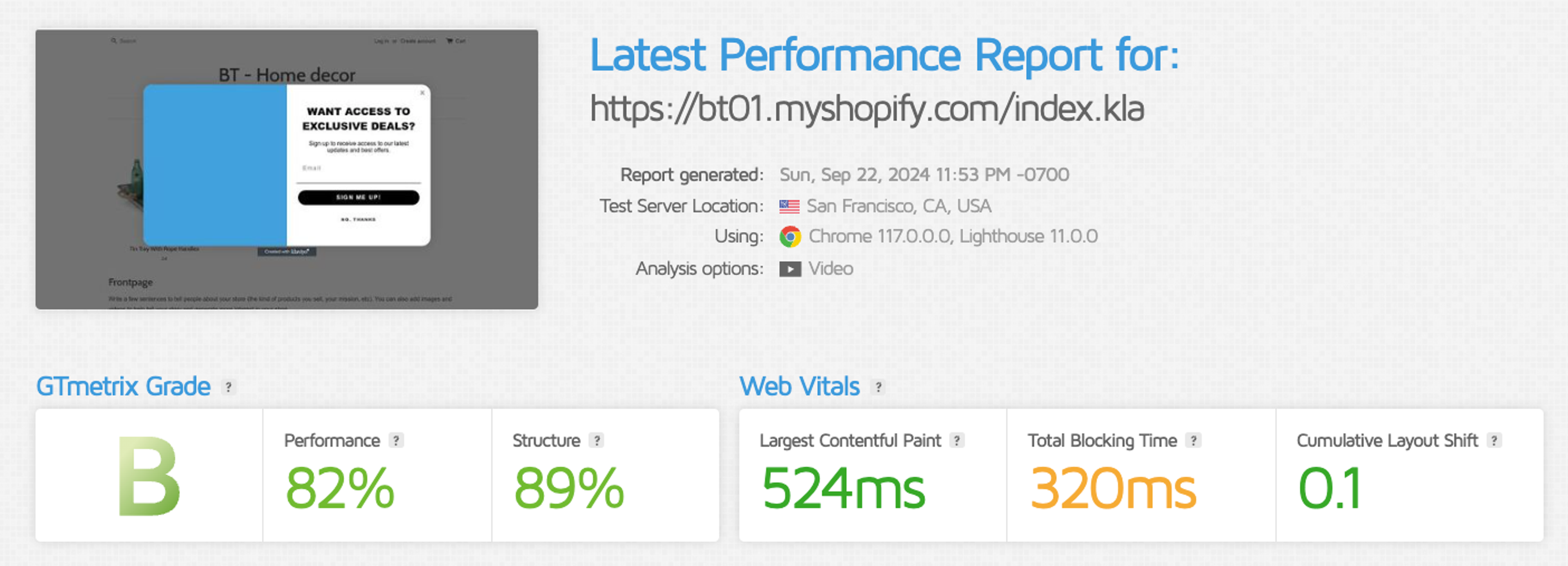Klaviyo GTMetrix page speed results