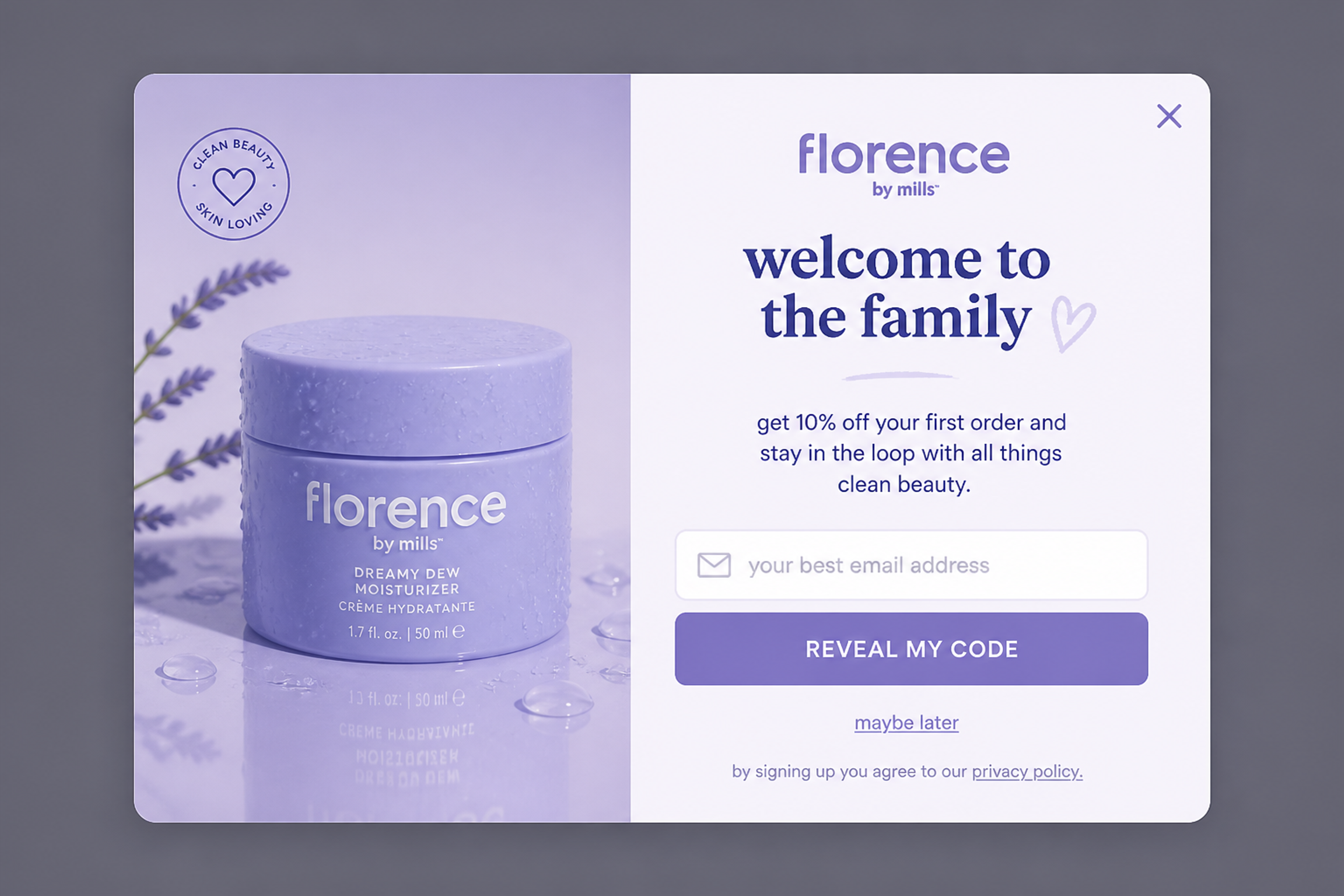 Welcome popup in soft pastel colors with the headline "welcome to the family" and 10% off the first order