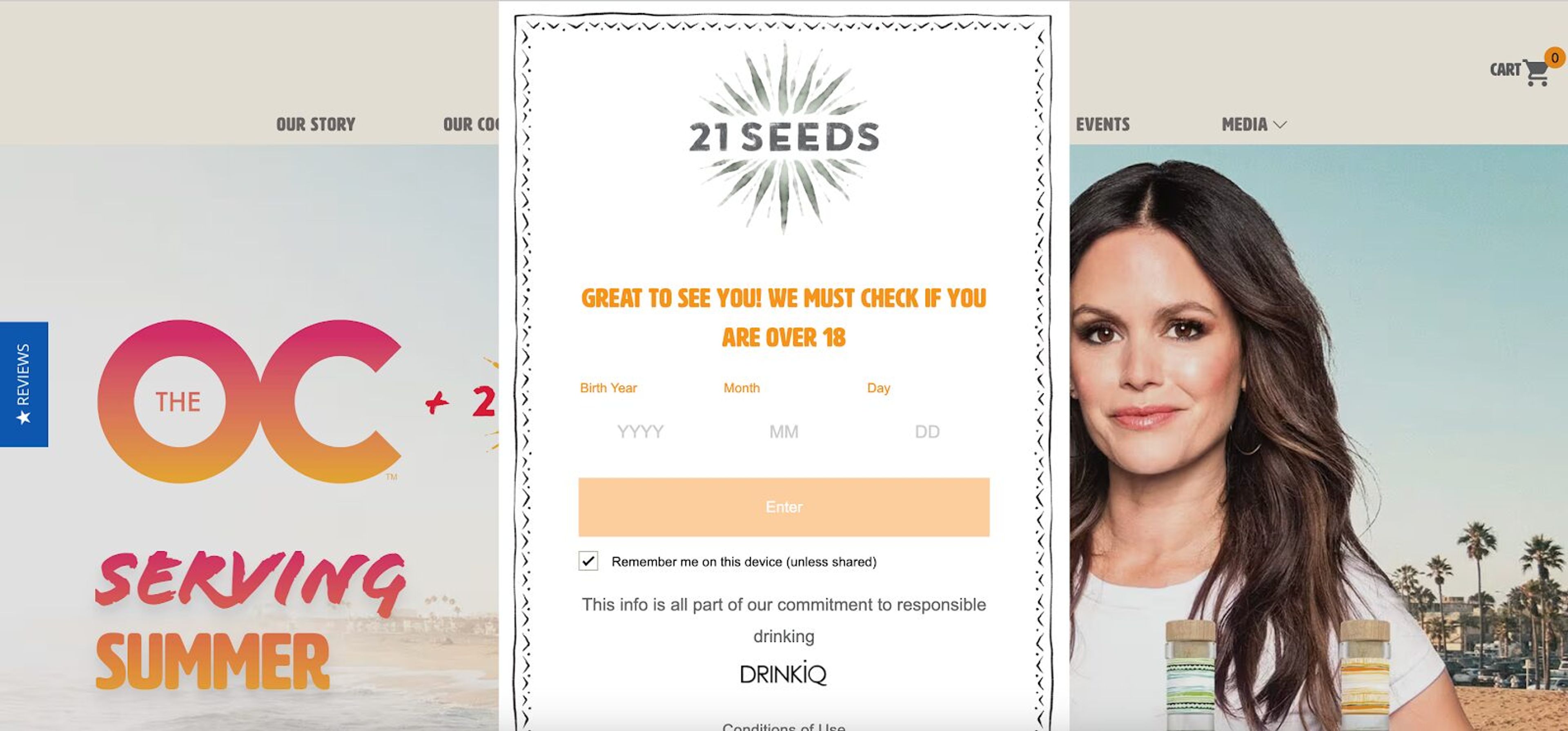 21 Seeds Tequila's age verification popup which fits their overall branding.