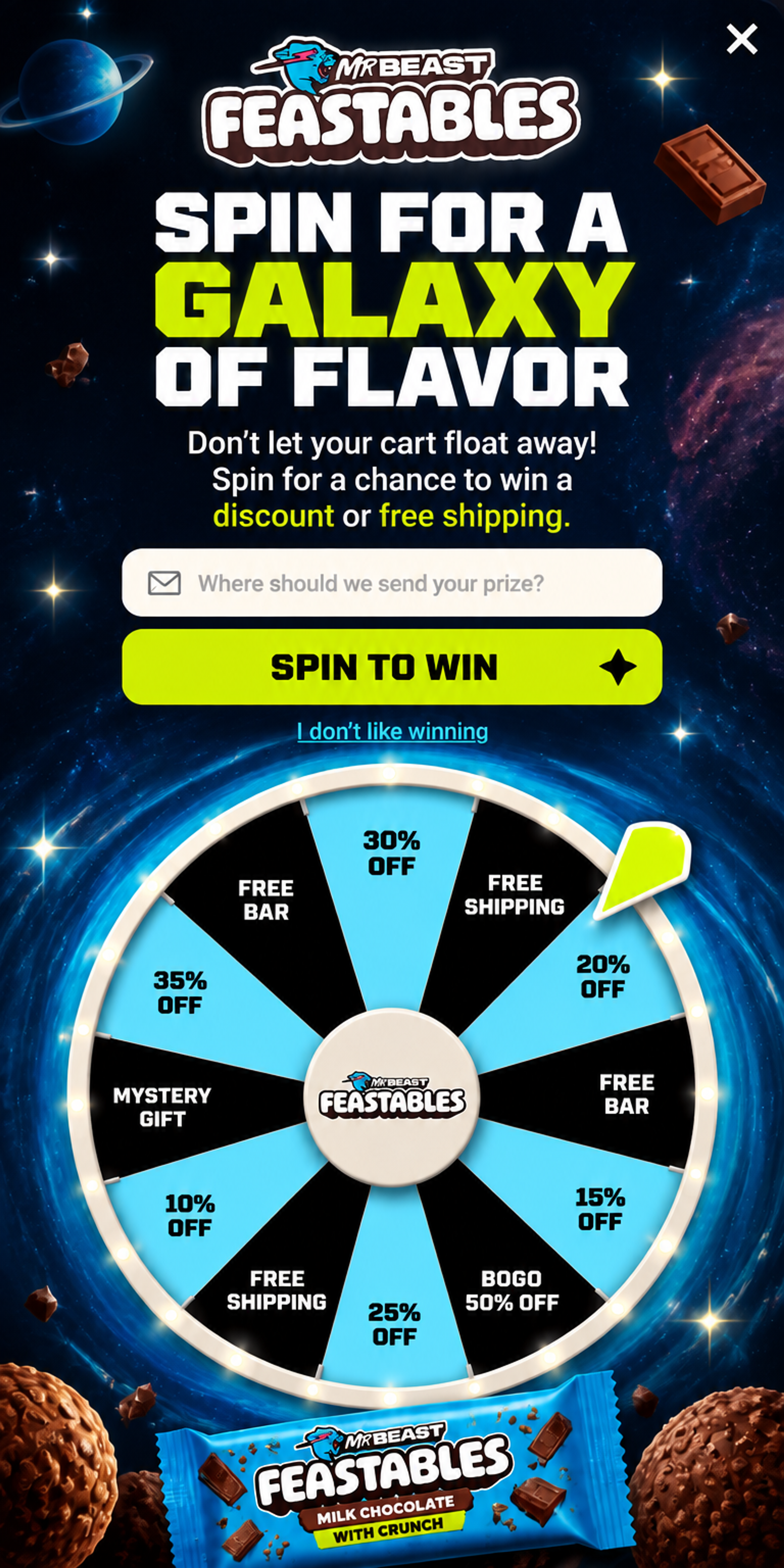 Mobile version of the Galaxy Crunch Gamified popup designed for Feastables