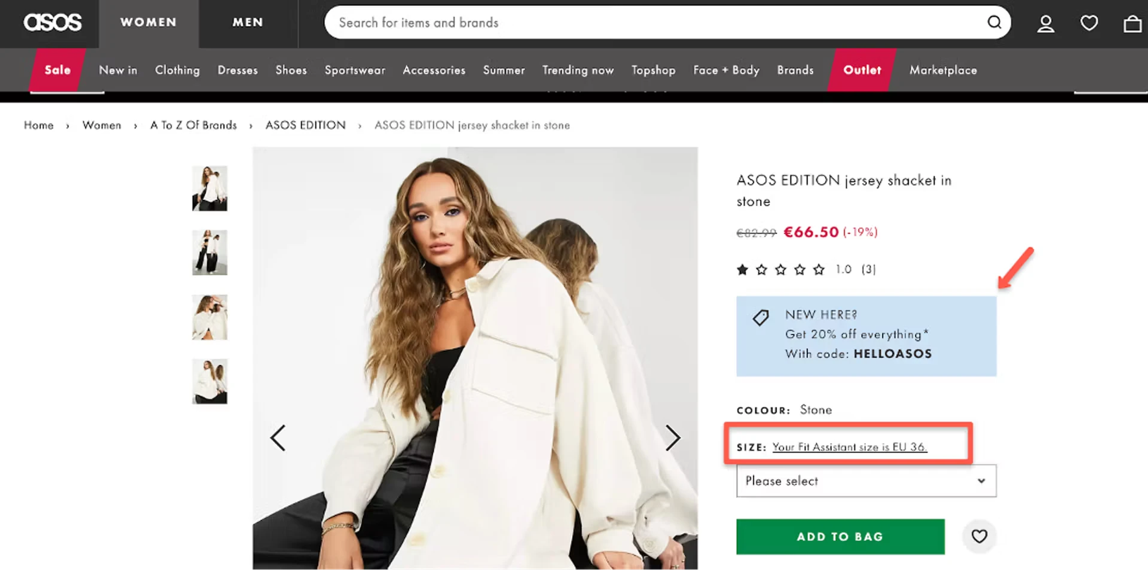 ASOS product page with the Fit Assistant line Your Fit Assistant size is EU 36 above the size selector