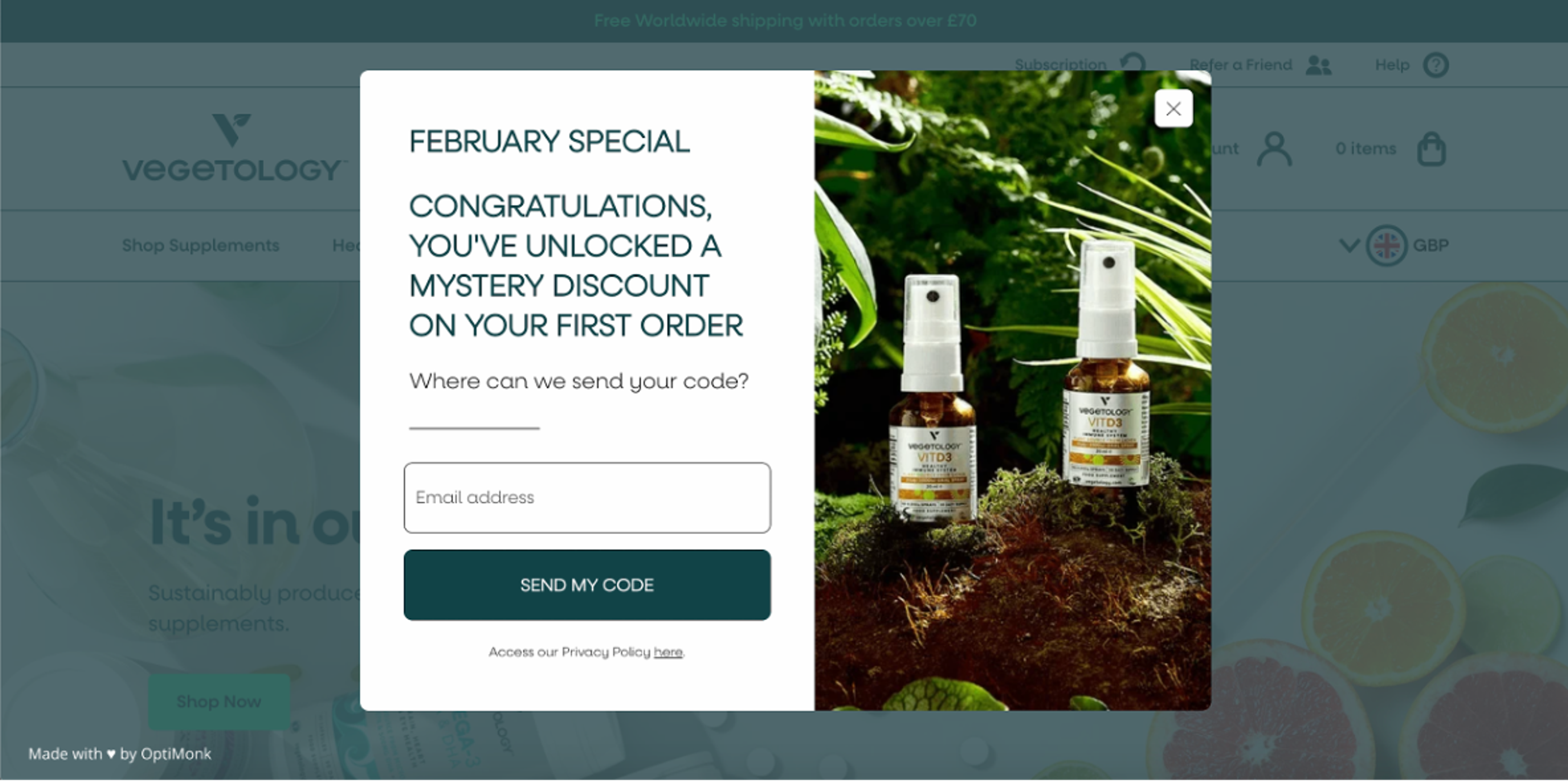 Vegetology lead generation popup