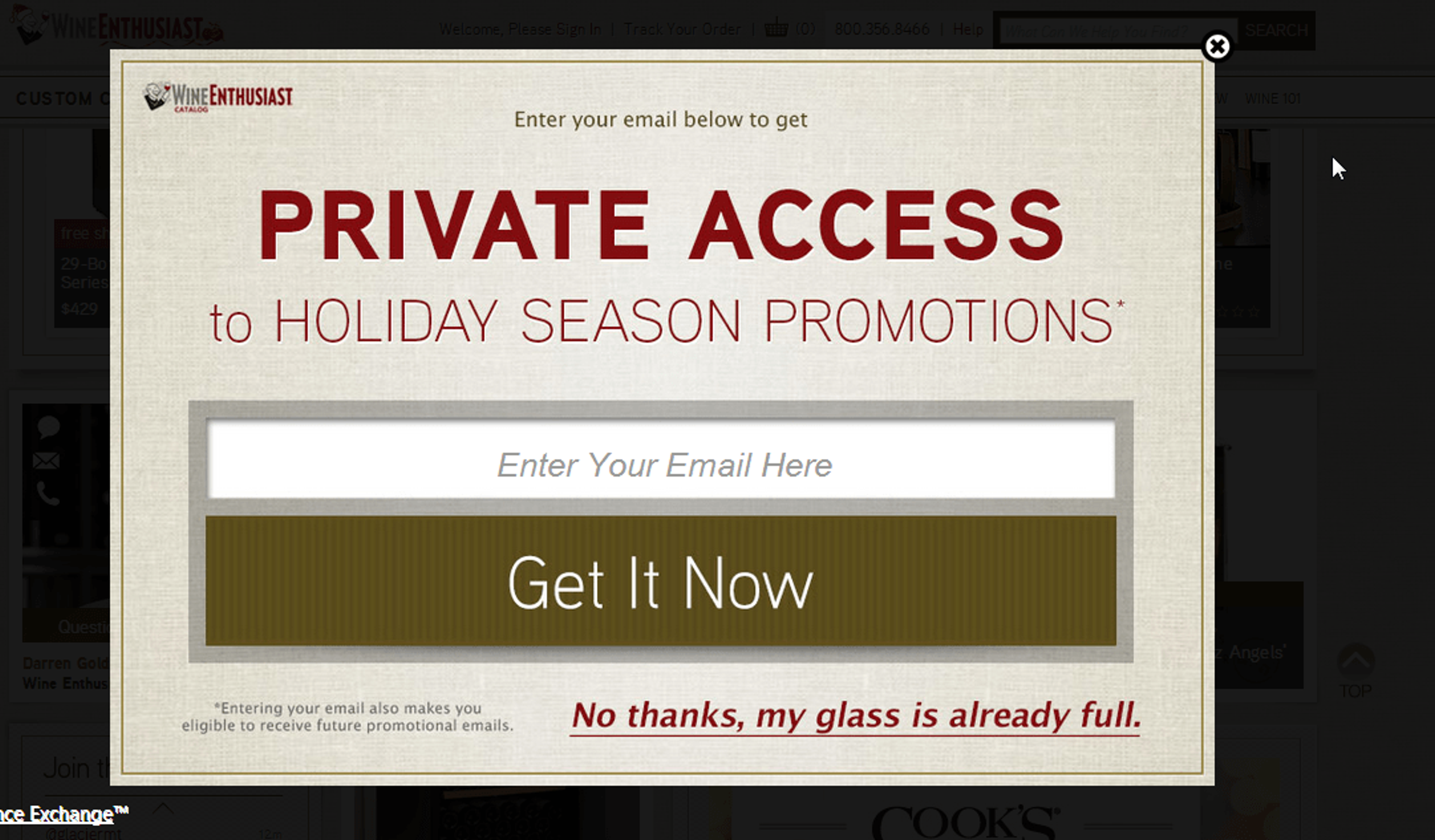 WineEnthusiast newsletter signup form helps you stay informed with holiday season promotions.