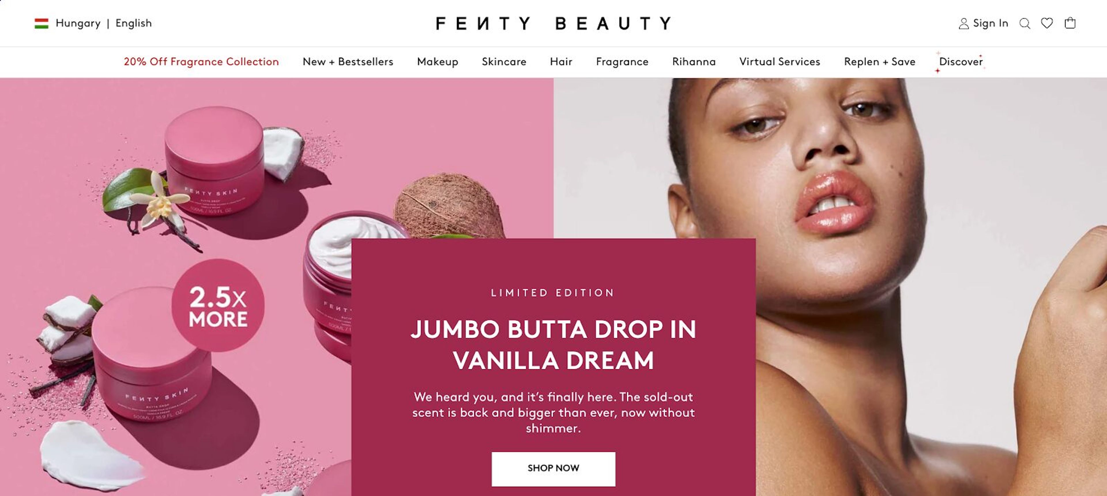 Fenty Beauty homepage highlighting inclusive product lines with an AI chat assistant and email/SMS opt-ins.