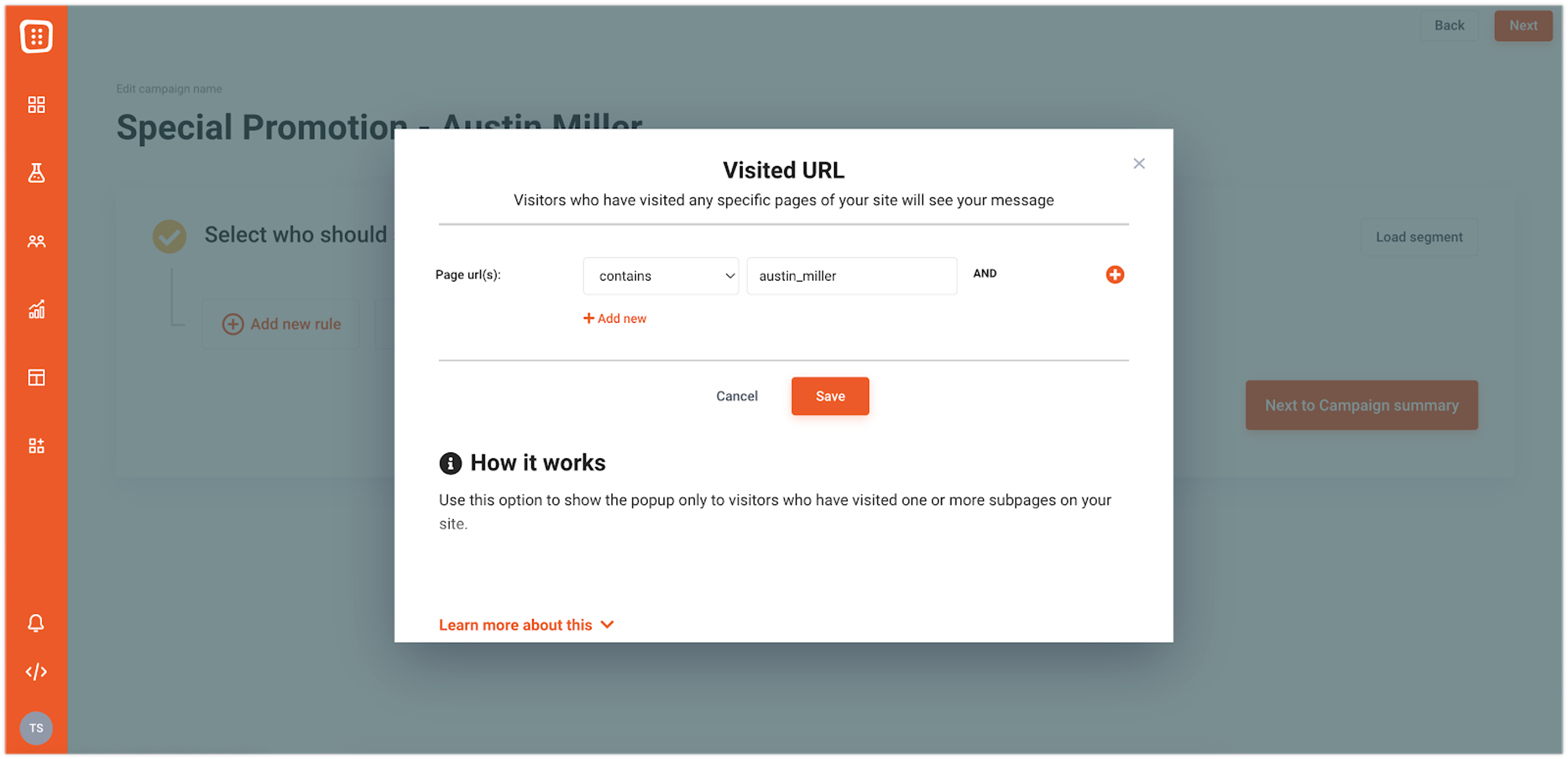 Use the visited URL rule to achieve this targeting.
