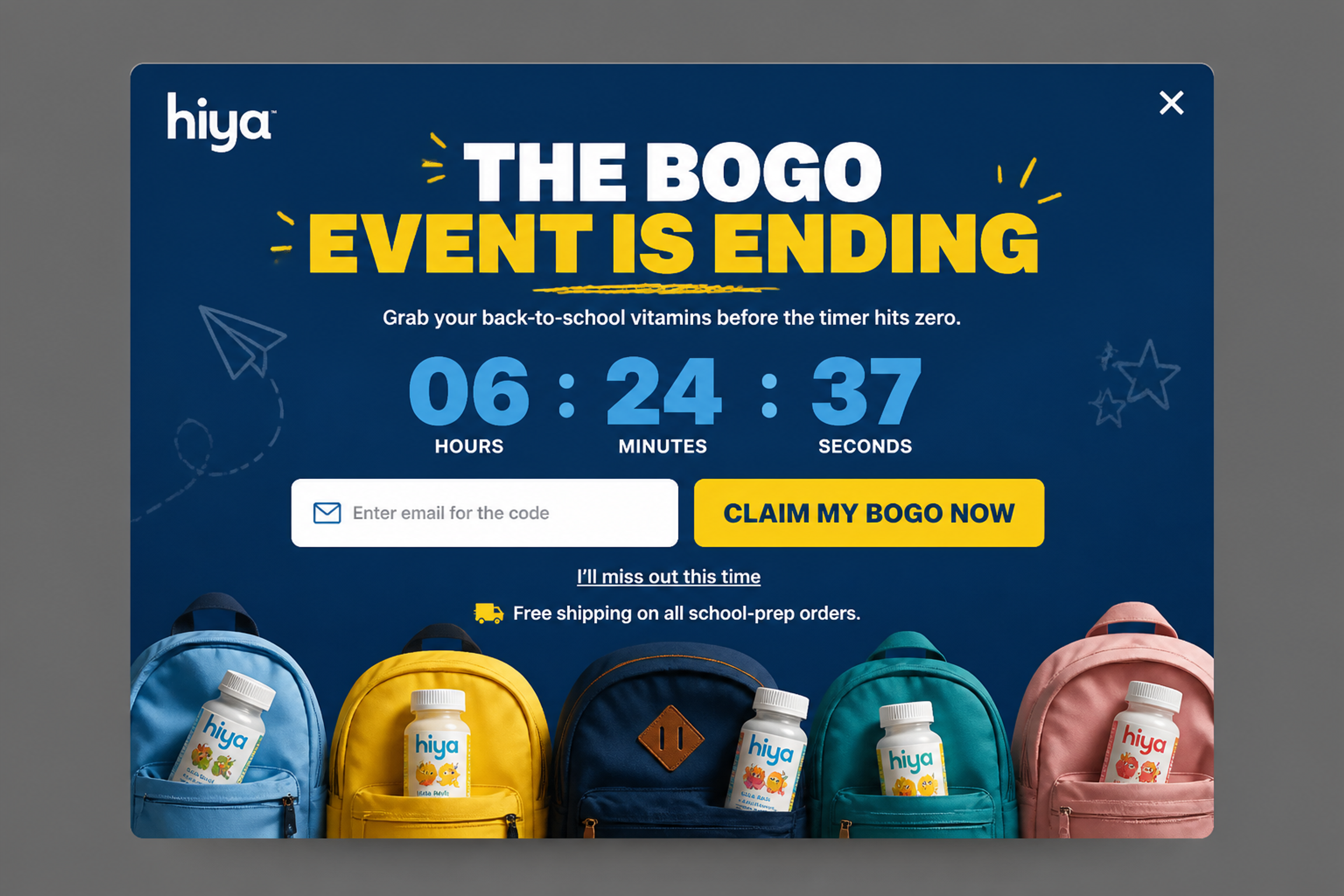 Popup announcing a buy-one-get-one sale is ending, with a countdown timer