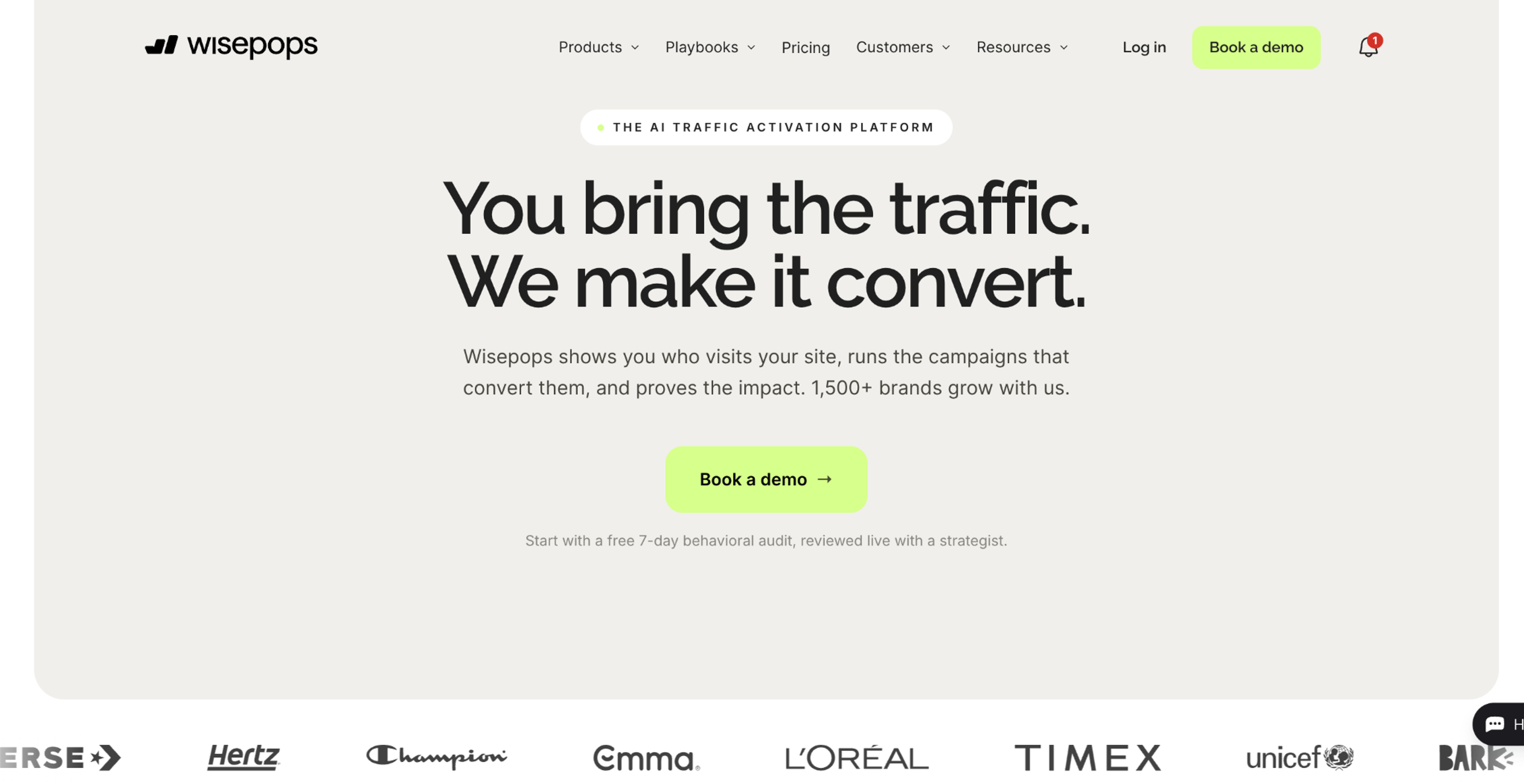 Wisepops homepage with a Book a demo button and no public pricing