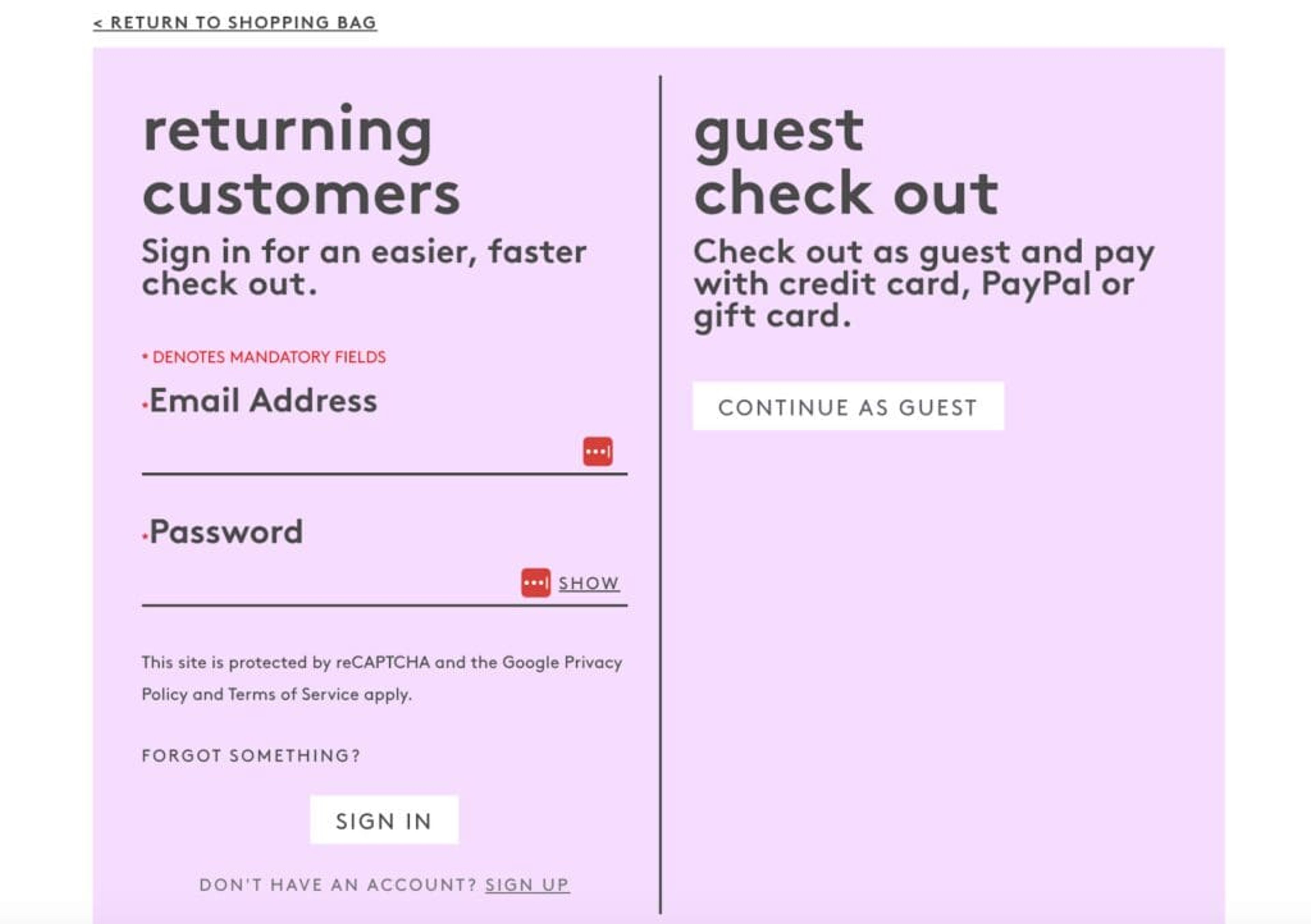 Drunk Elephant offering customers a guest checkout option.
