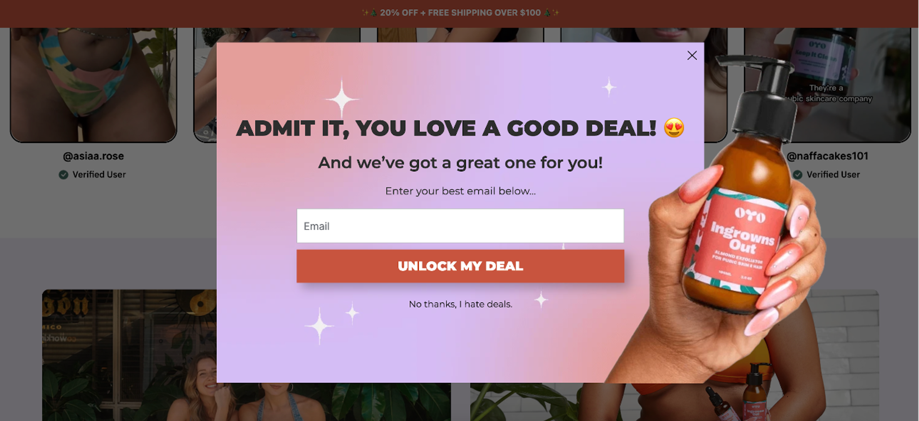 OYO Skincare's website overlays combines clean visuals with persuasive copy