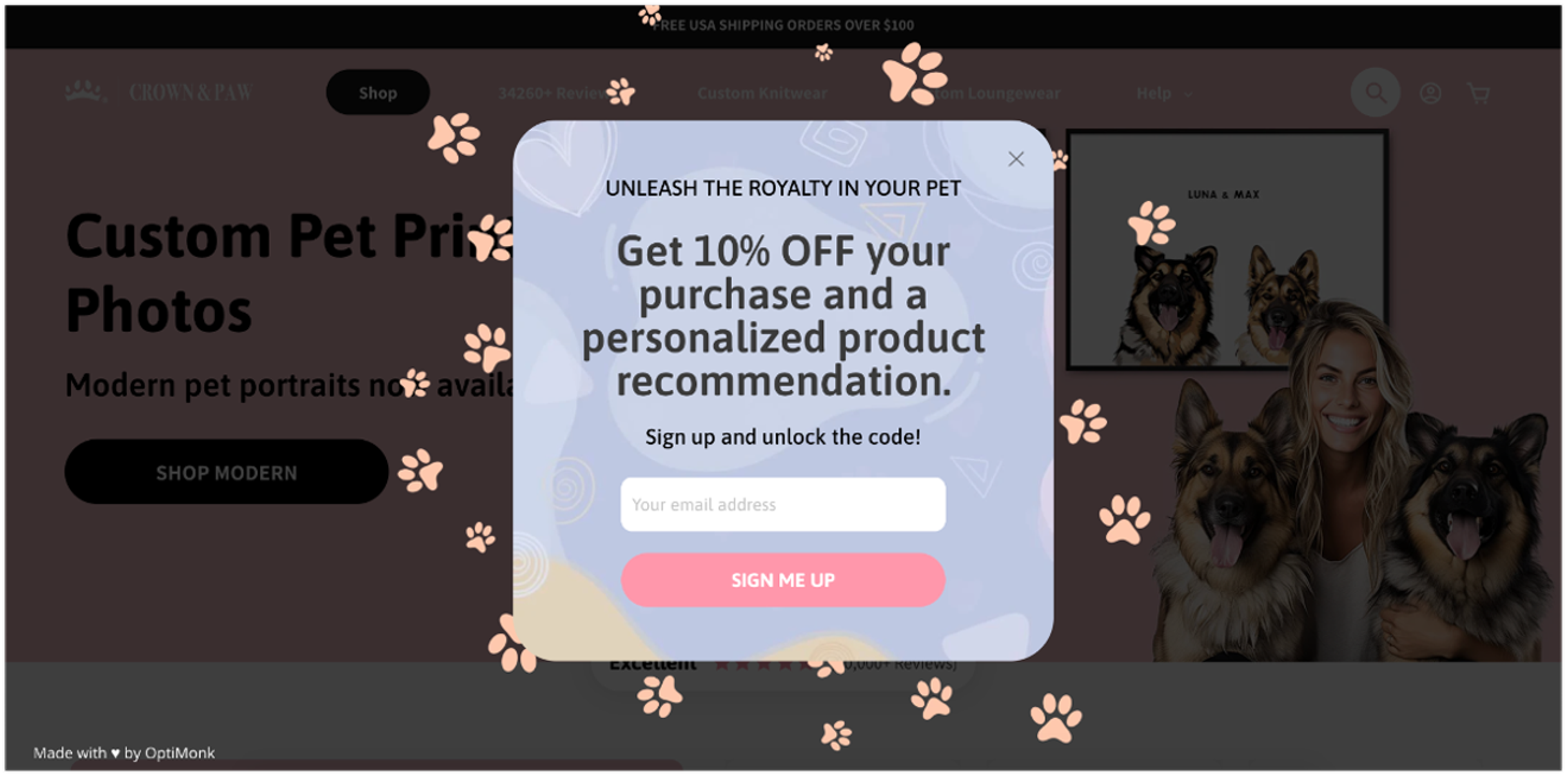 Crown &amp; Paw's pop ups combining discounts with personalized product recommendations