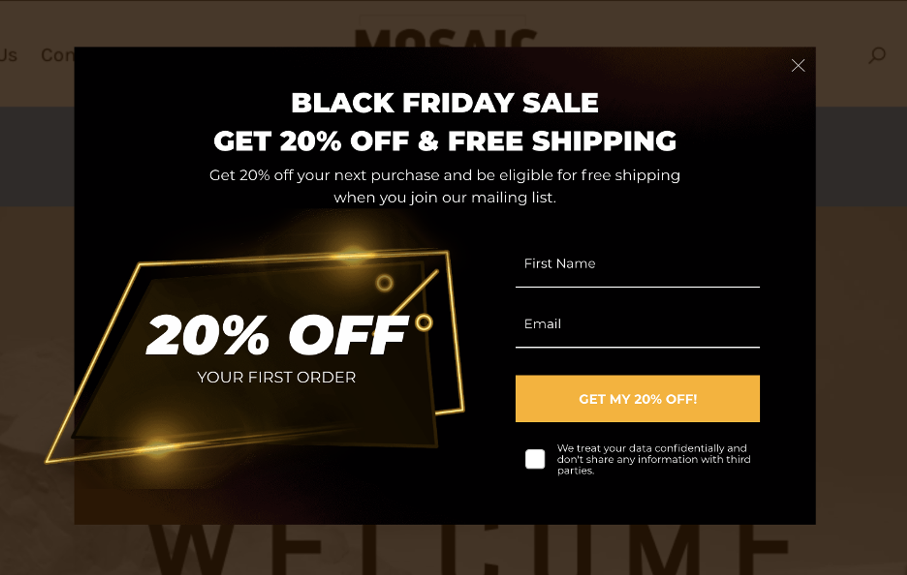 Mosaicfineartcollective.com’s Black Friday email popup offering free shipping and discounts