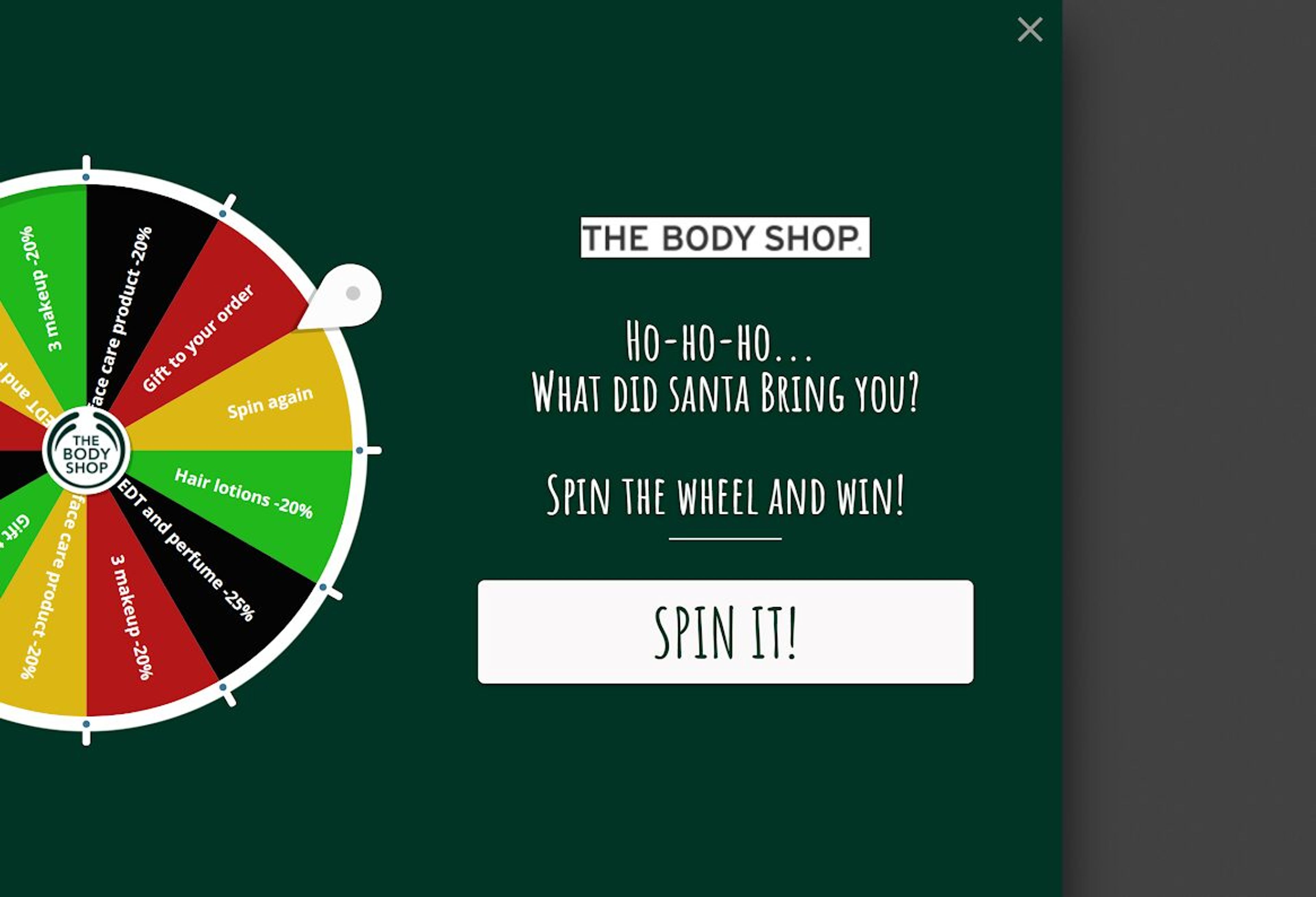 The Body Shop’s spin-the-wheel popup offering skincare and beauty product discounts.