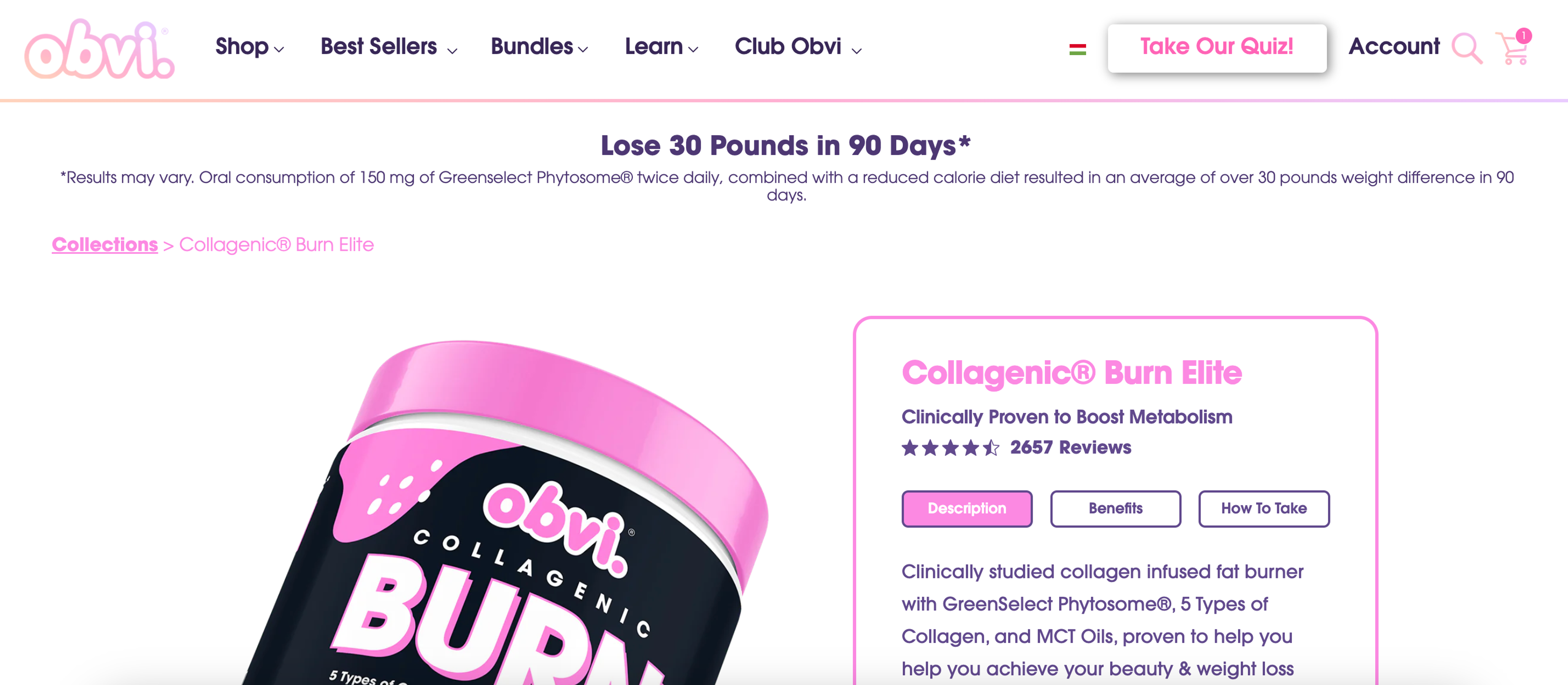 Obvi product page headline example for effective ecommerce copywriting