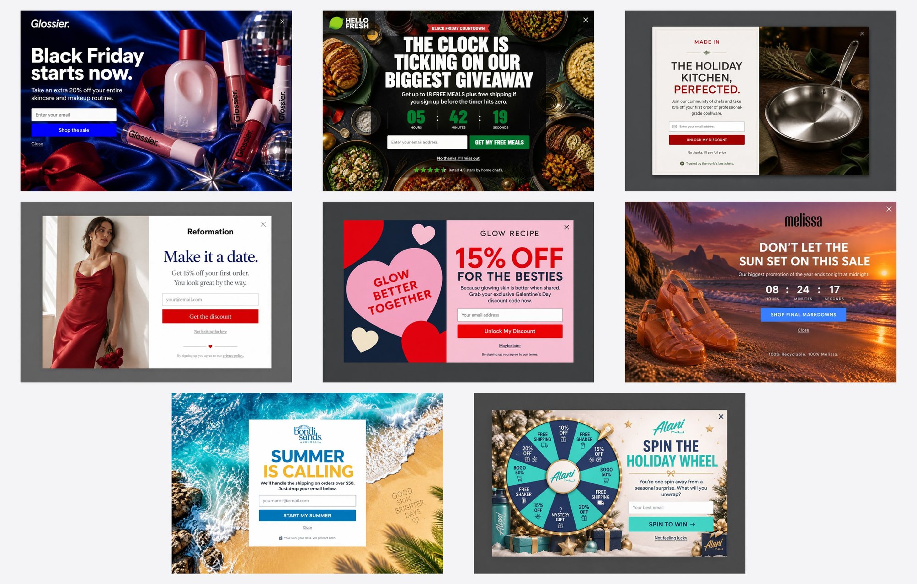 Eight seasonal popup examples for Black Friday, Christmas, Valentine's Day and summer, designed for Glossier, HelloFresh, Made In, Reformation, Glow Recipe, Melissa, Bondi Sands and Alani Nu