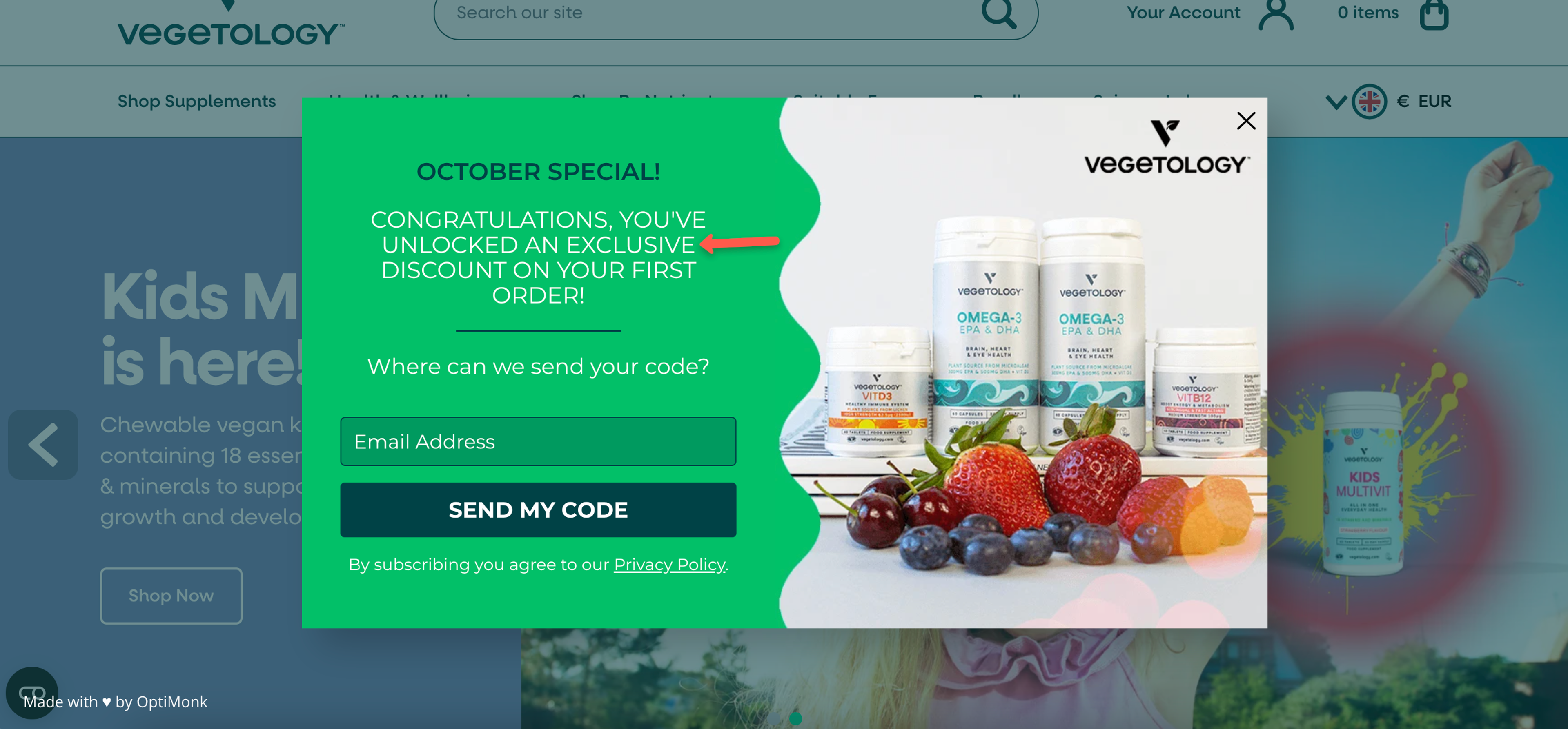 Vegetology popup example using words that sell