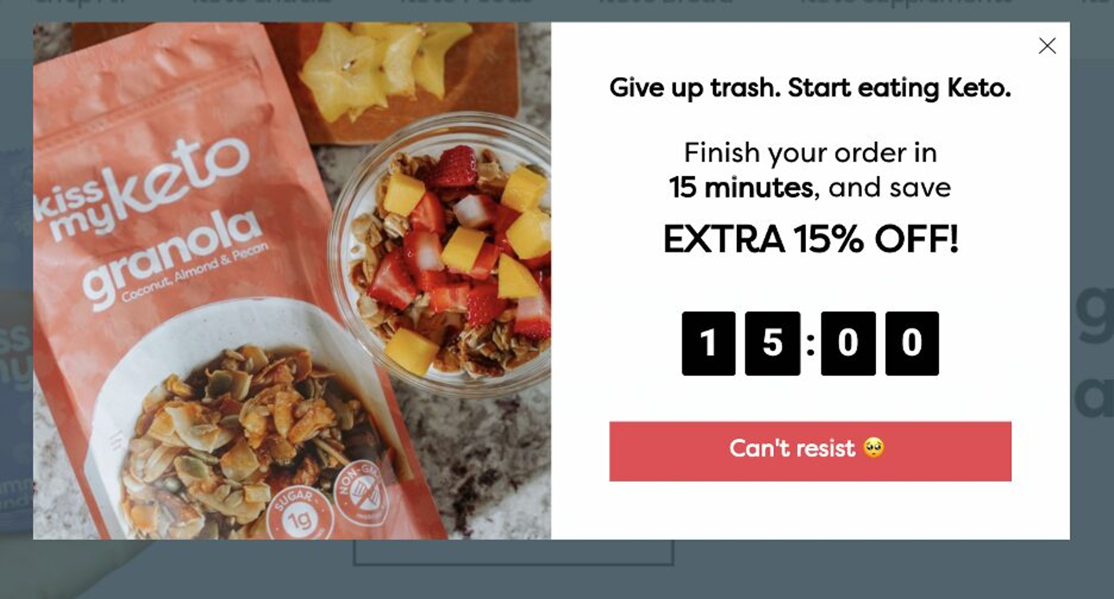 Kiss My Keto's exit intent pop up uses countdown timer to increase the sense of urgency.
