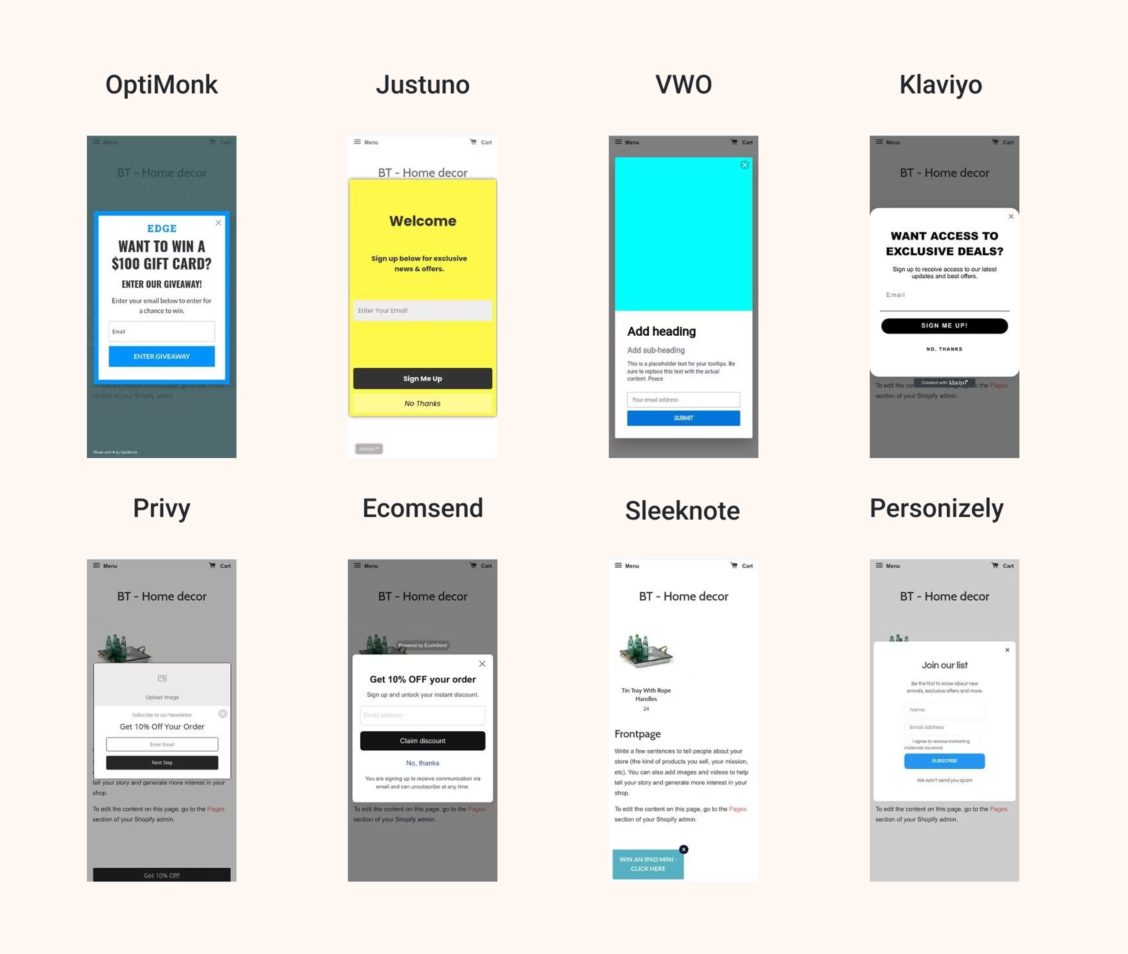 Pop-ups used in the page speed test