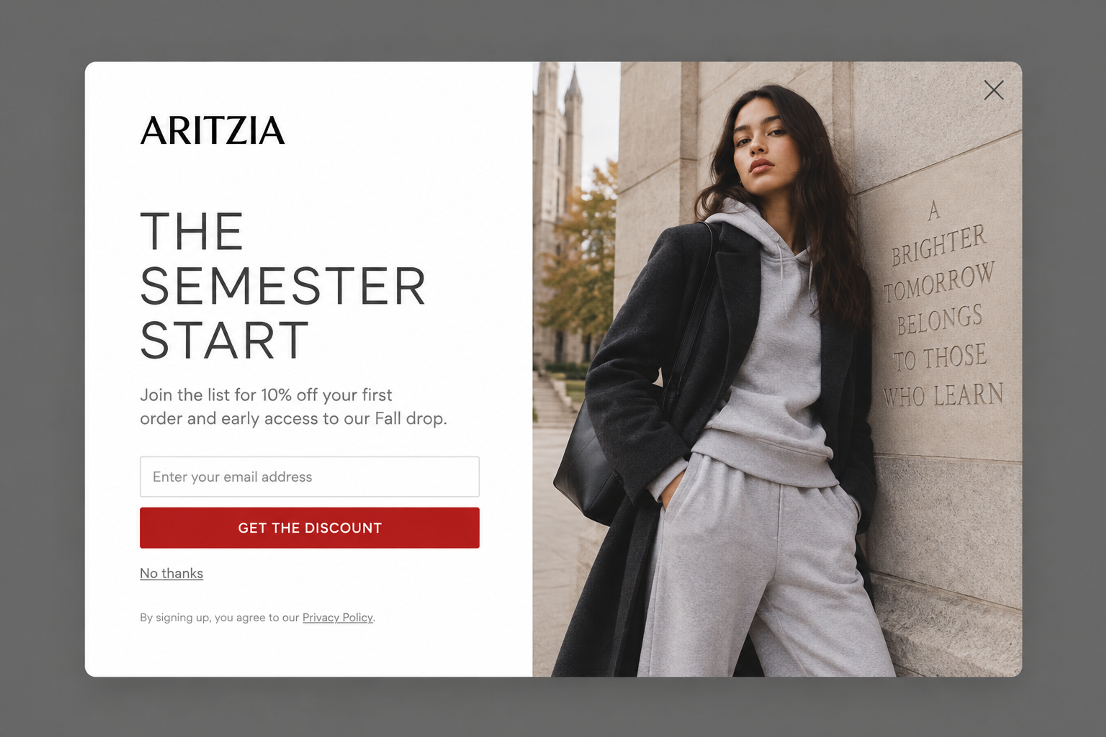 Welcome popup with 10% off the first order and early access, split layout with a fashion photo, designed for Aritzia