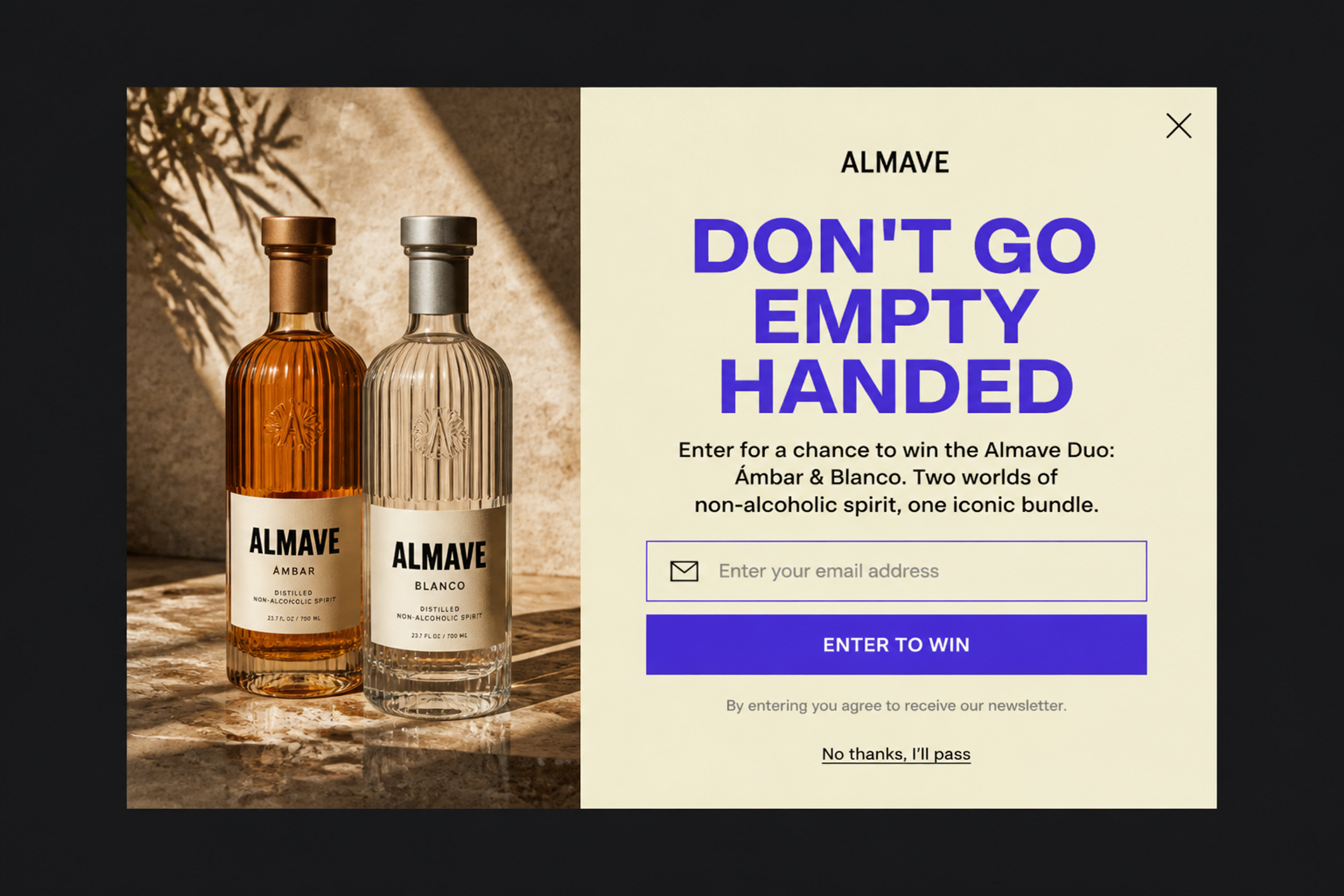 Exit-intent giveaway popup "Don't go empty handed" offering a chance to win a two-bottle bundle, designed for Almave