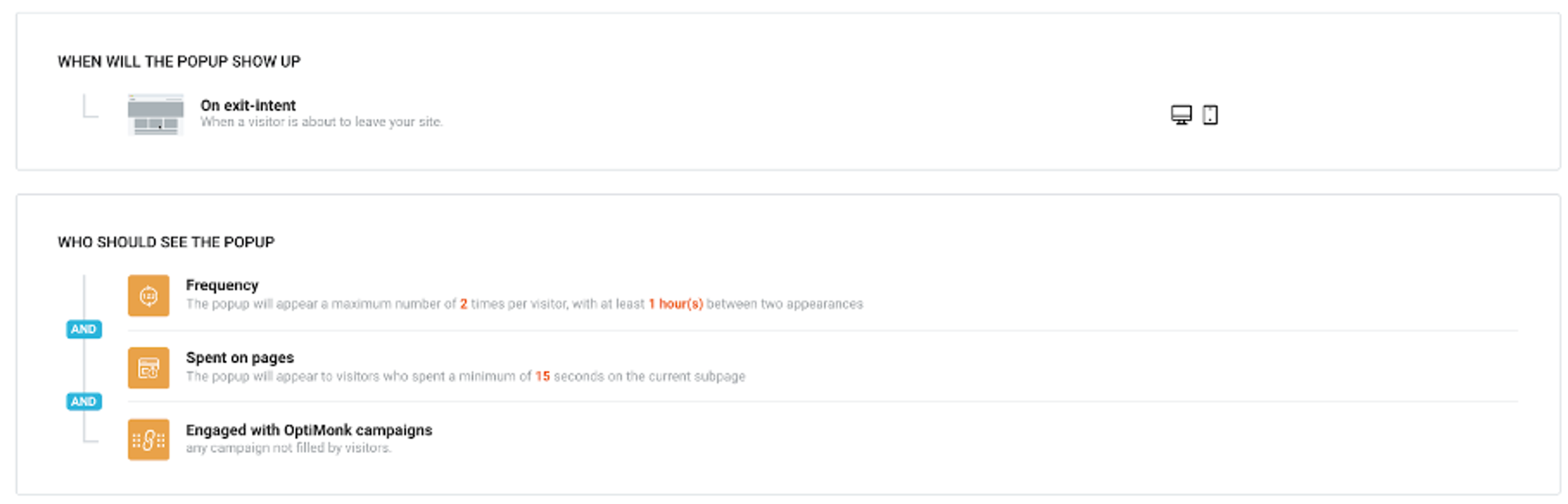 OptiMonk’s targeting and triggering options page