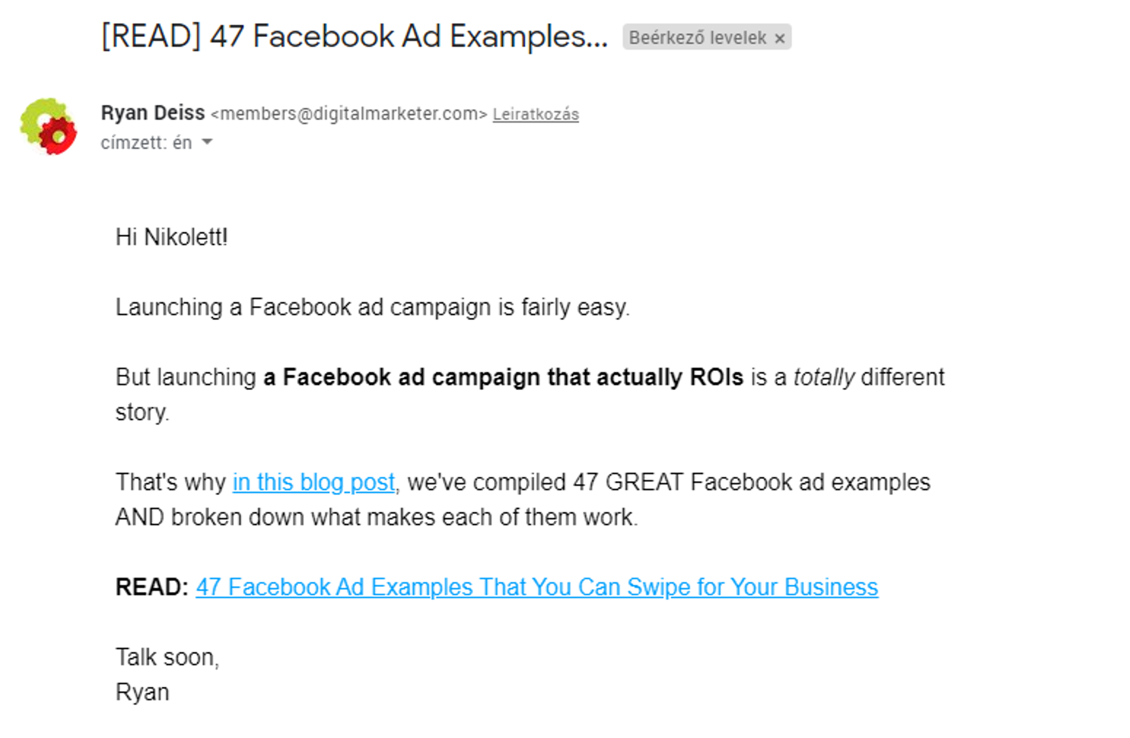 Good subject line example from Digital Marketer