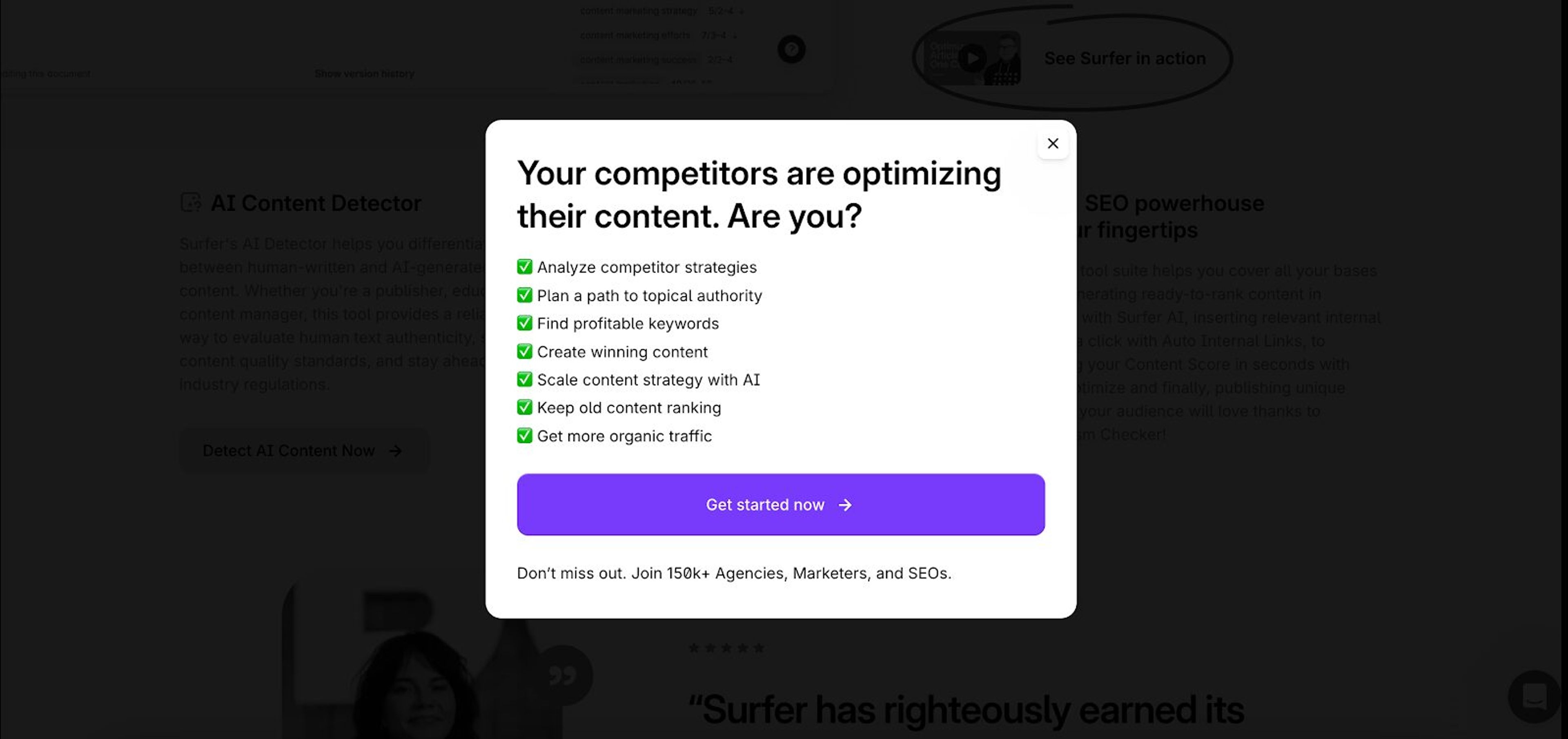 SurferSeo's exit intent popup has a different approach on their b2b popups.