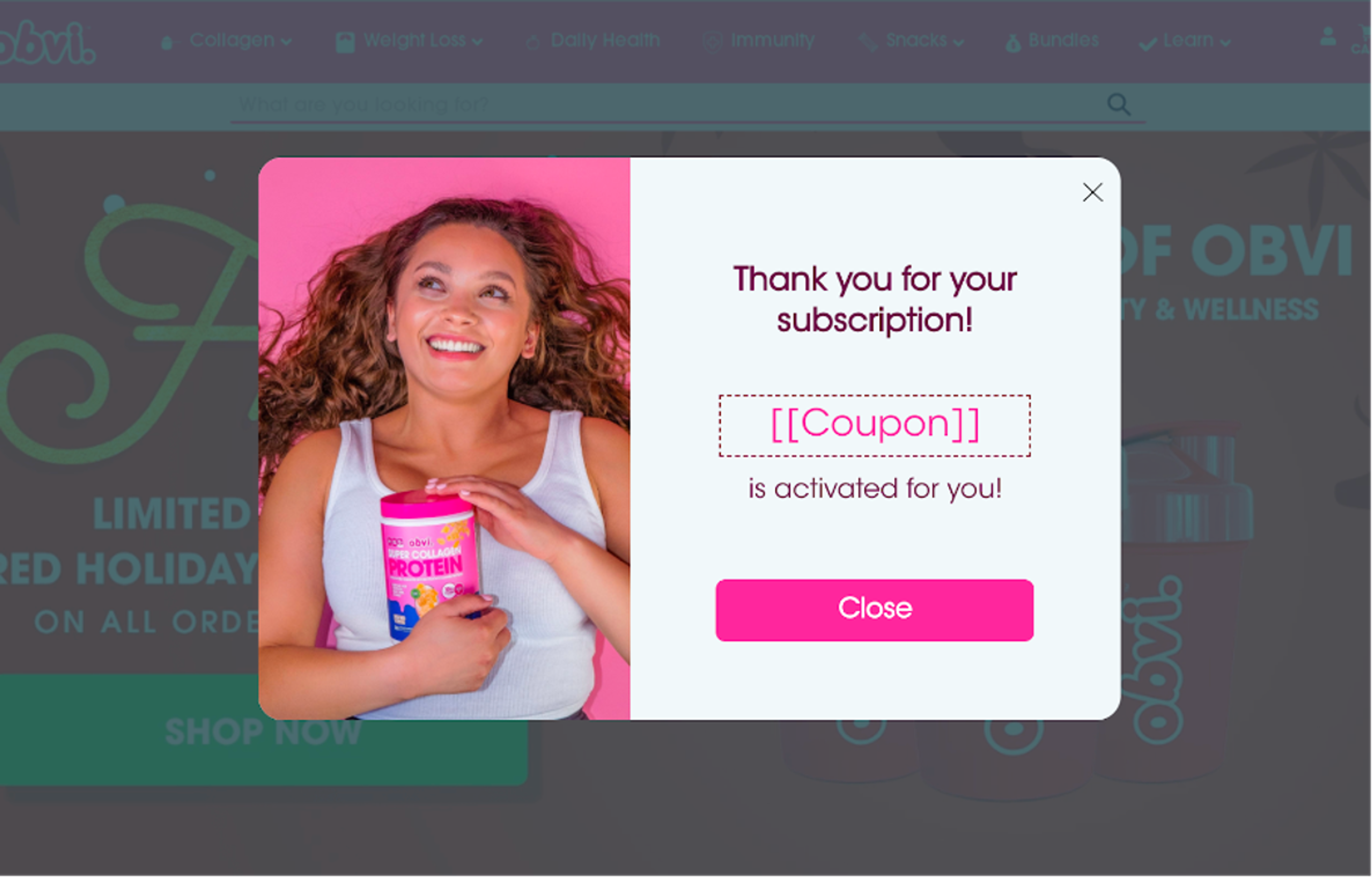 Obvi’s multi-step form offering a 10% discount in exchange for an email, followed by a phone number request, and ending with a coupon code for the user