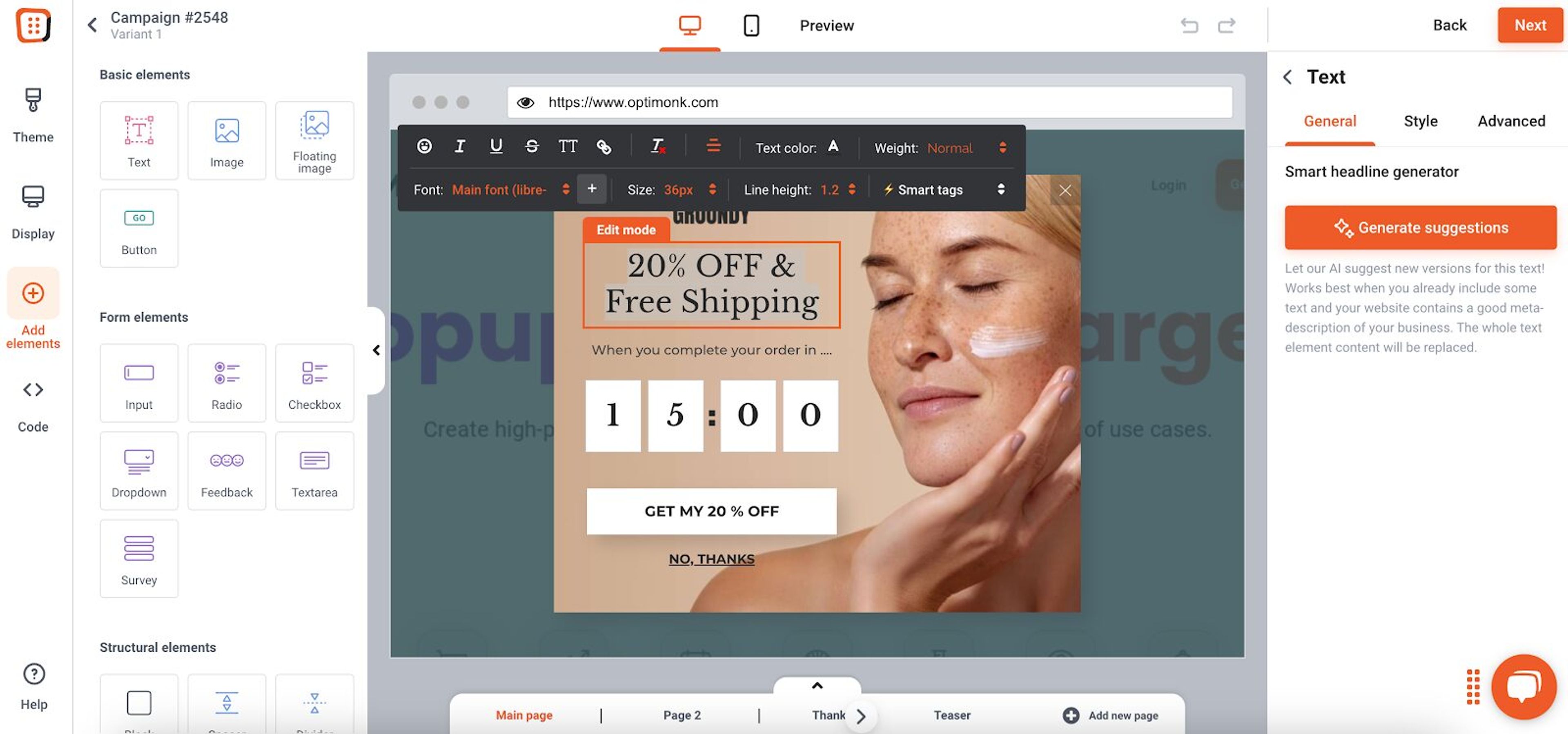 OptiMonk popup app editor