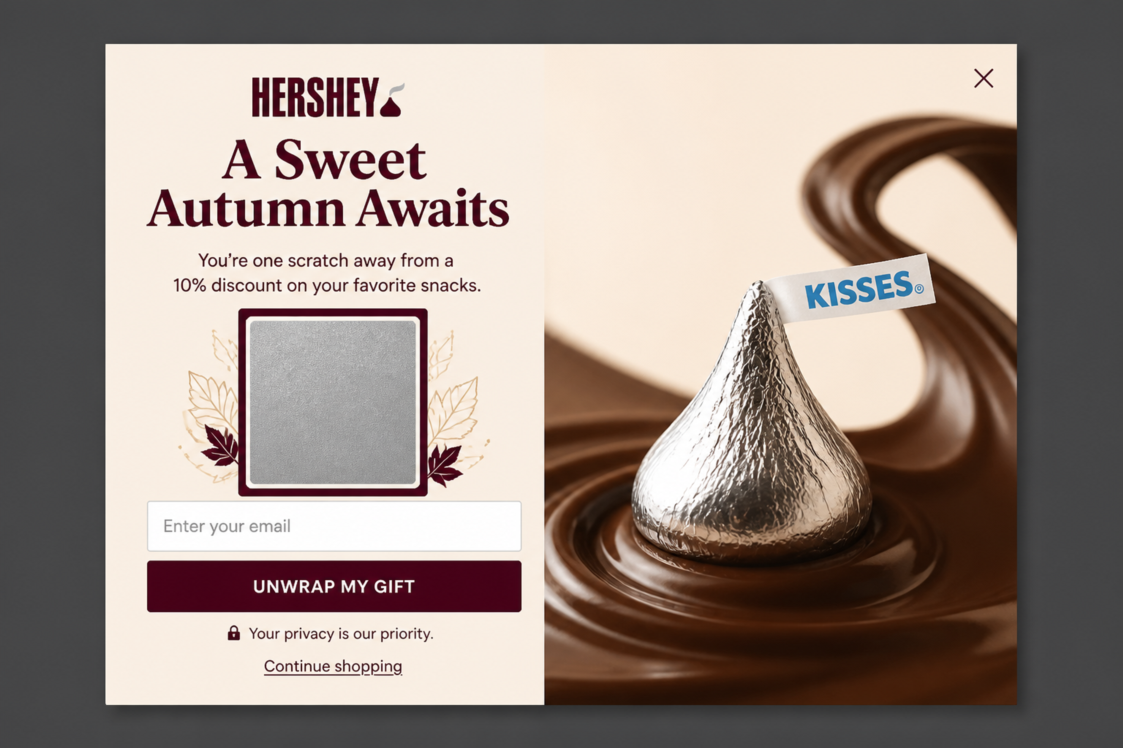 Minimal scratch card popup with the headline "A sweet autumn awaits" and a chocolate photo on cream