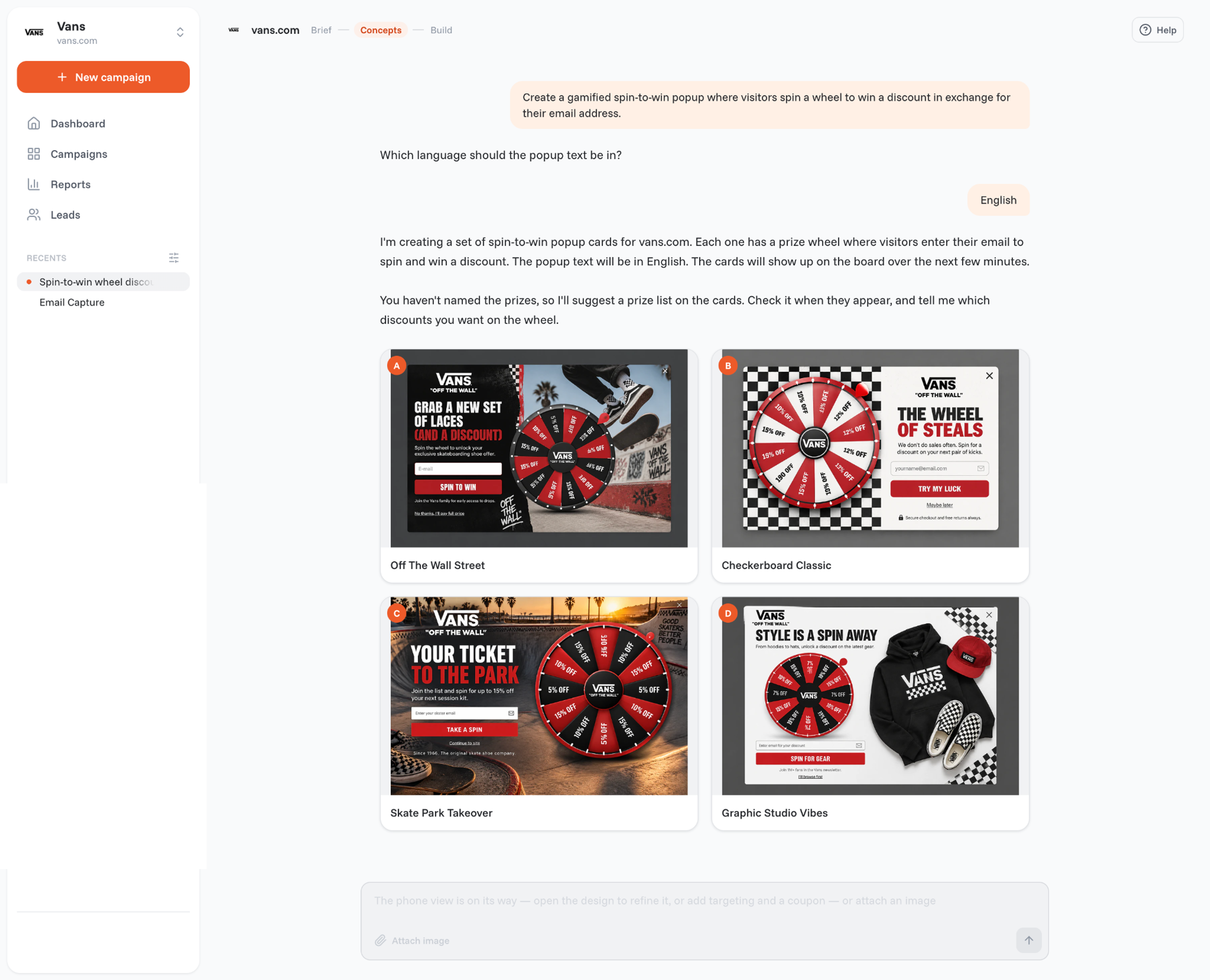 The OptiMonk agent creating four spin-to-win popup designs for Vans from one sentence