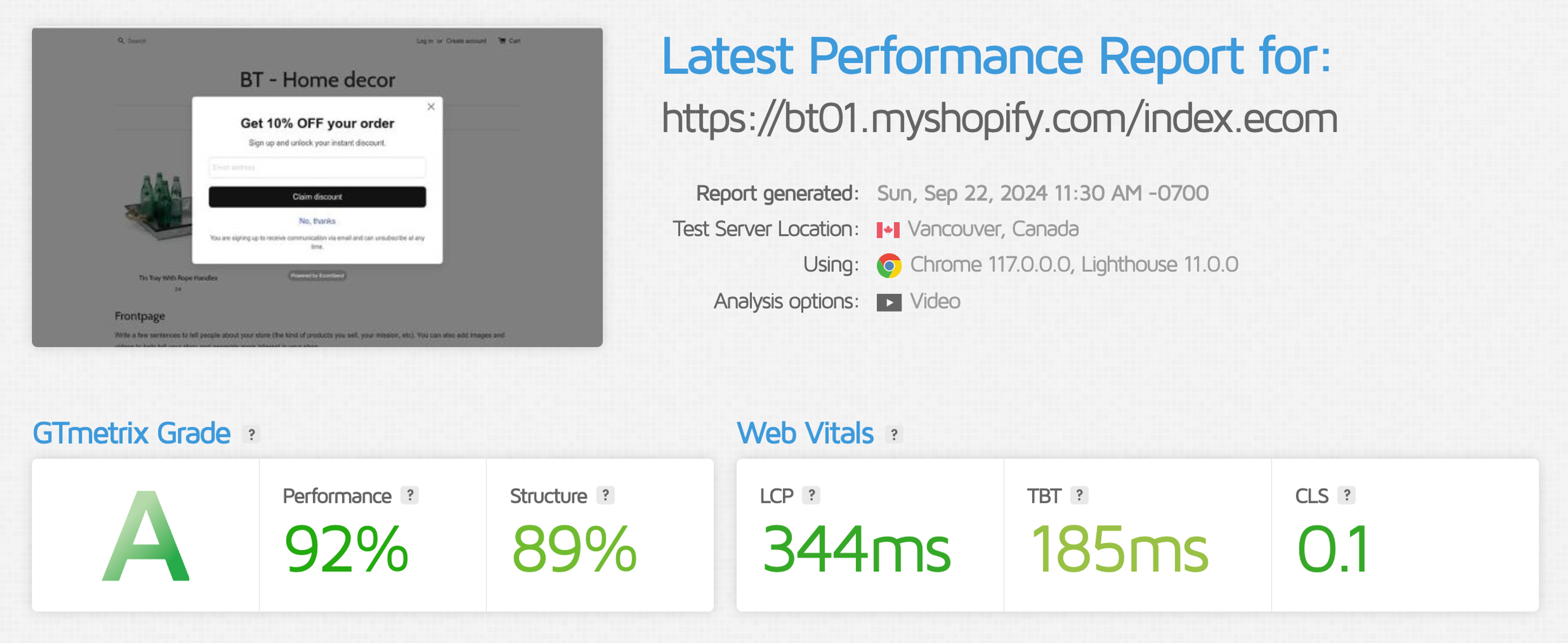 Ecomsend GTMetrix page speed results