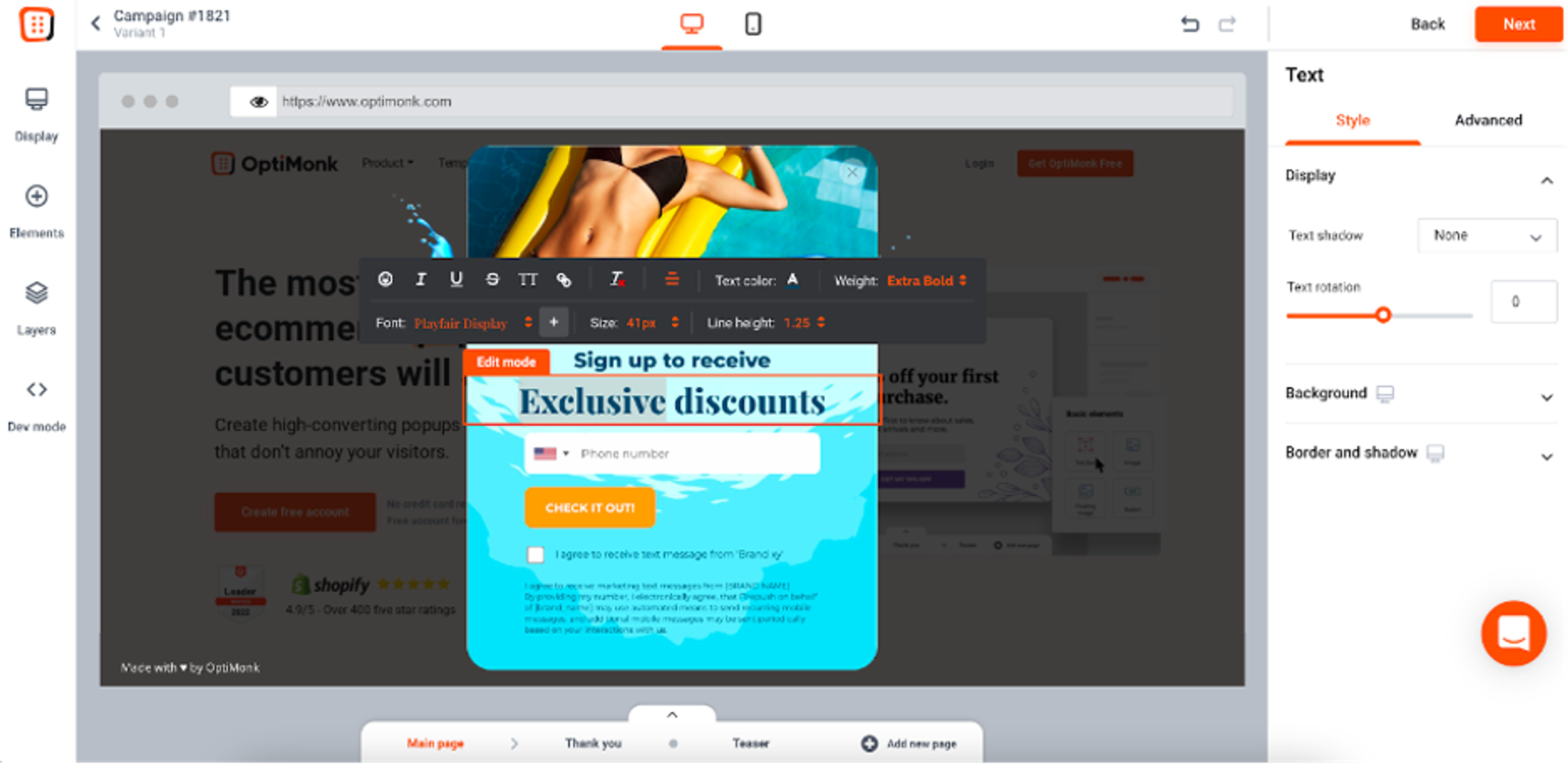 Create coupon pop-ups with OptiMonk's powerful drag and drop editor